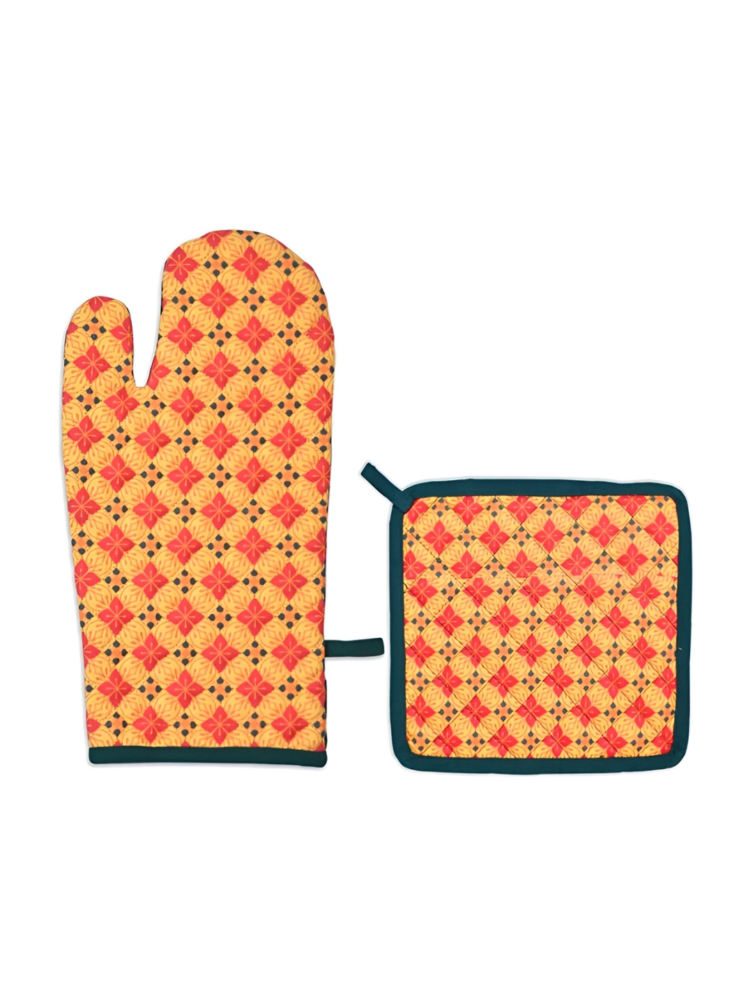 Indigifts Yellow & Green 2 Pieces Printed Cotton Kitchen Gloves