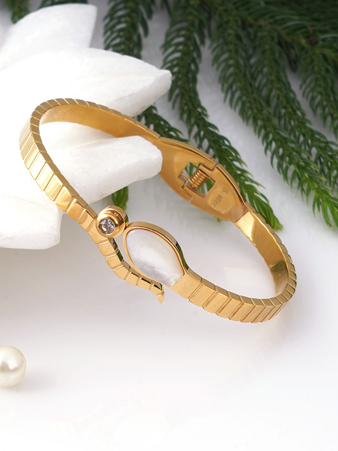 Adwitiya Collection Stainless Steel Gold-Plated CZ & Mother of Pearl Bangle-Style Bracelet