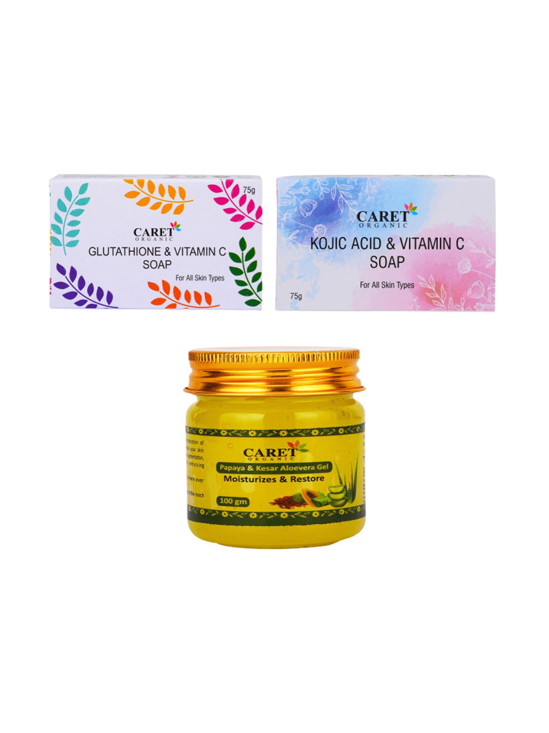 CARET ORGANIC Kojic Acid Soap & Glutathione Soap With Papaya, Kesar Aloe Vera Gel