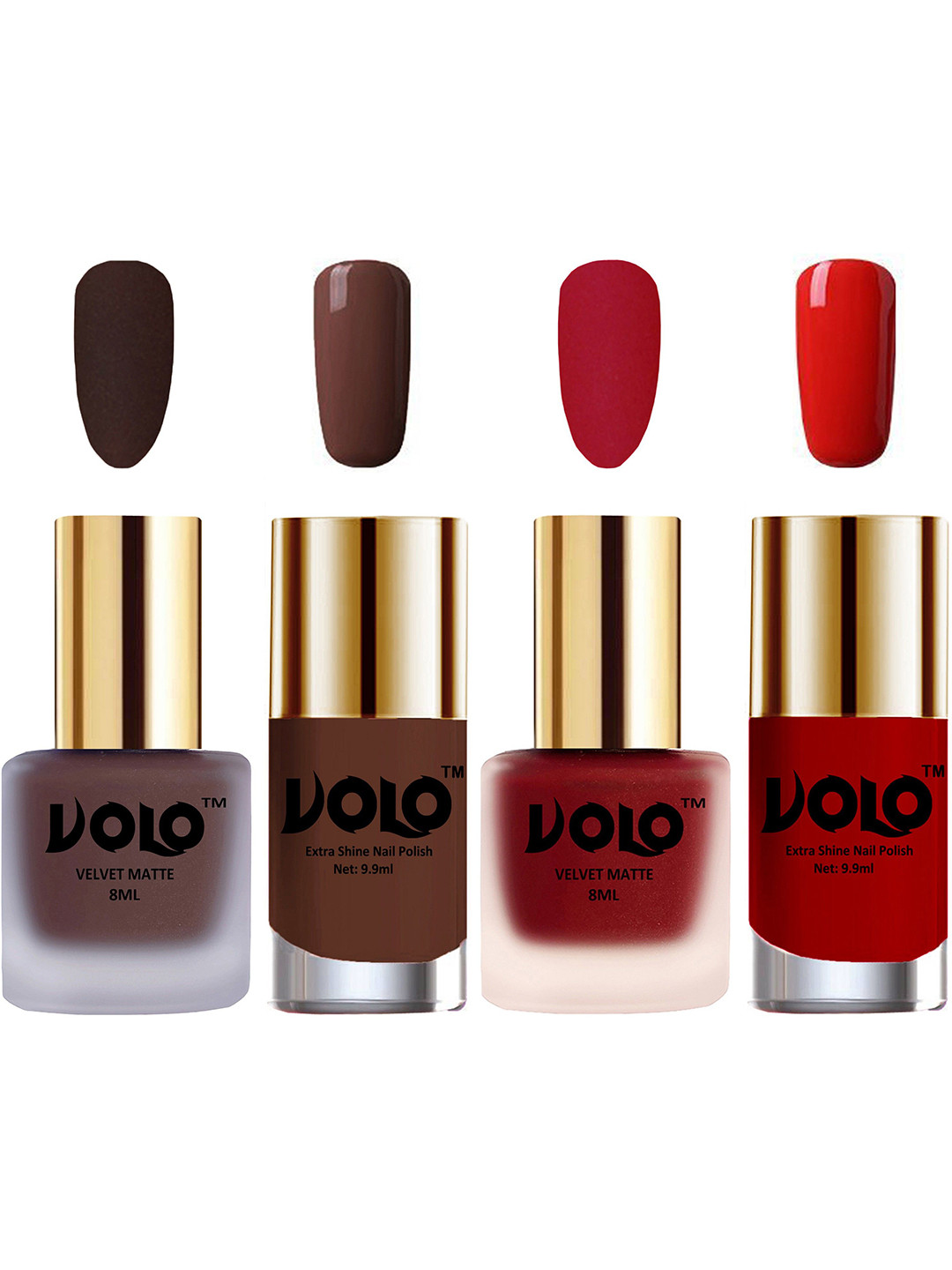 VOLO Set Of 4 Velvet Matte & Extra Shine Nail Polish-8 ml & 9.9 ml Each Shade 02-36-19-38