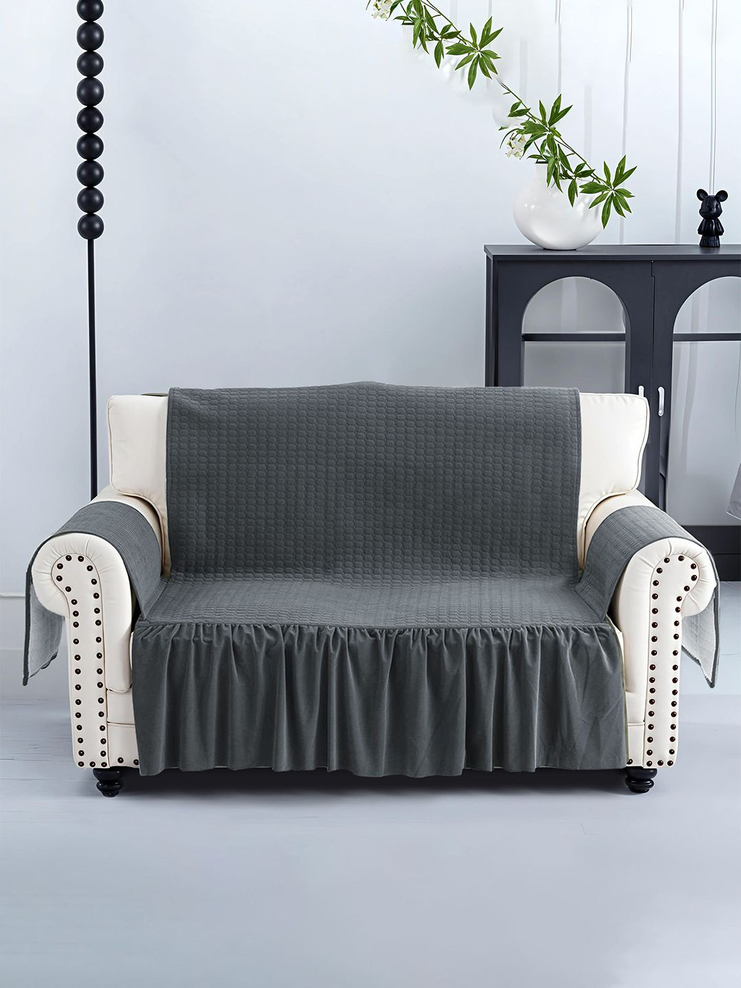 Kuber Industries Grey Self Design 3-Seater Velvet Sofa Cover With Arms