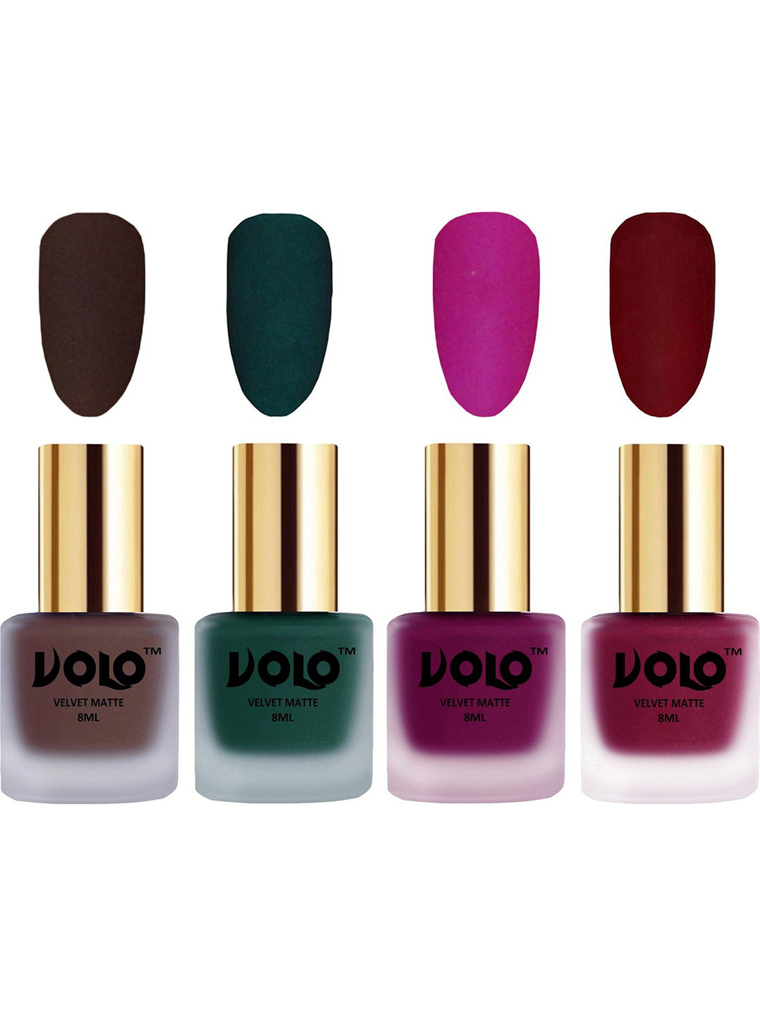 VOLO Set Of 4 Velvet Matte Nail Polish-8 ml-Magenta-Dark Green-Chocolate Brown-Carrot Red