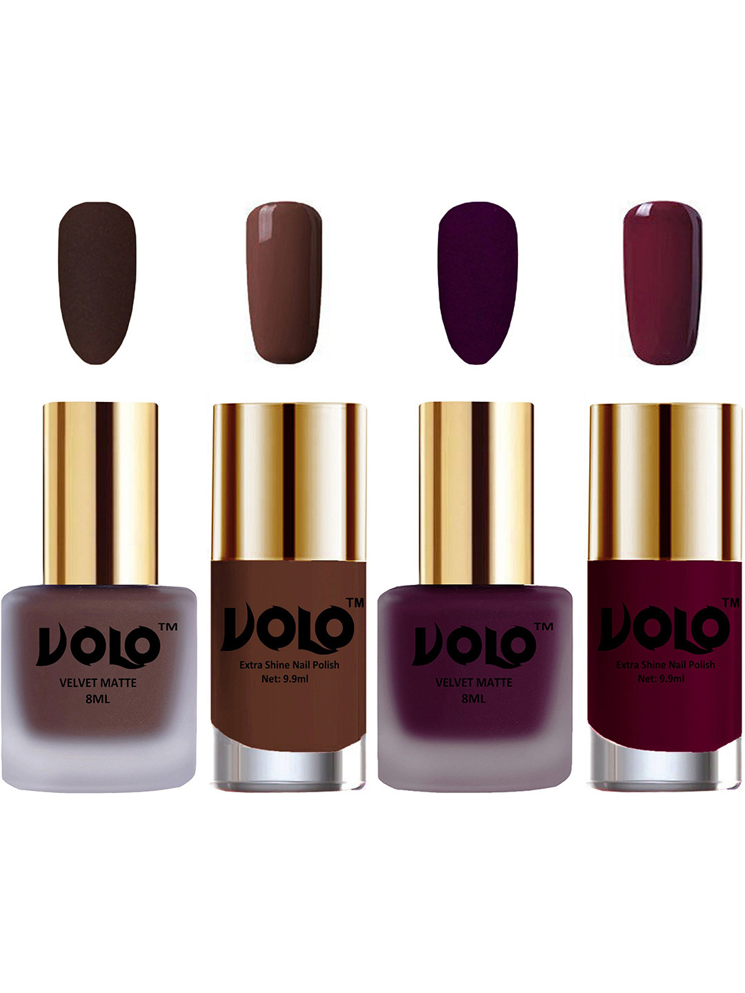 VOLO Set Of 4 Velvet Matte & Extra Shine Nail Polish-8 ml & 9.9 ml Each Shade 02-46-19-34