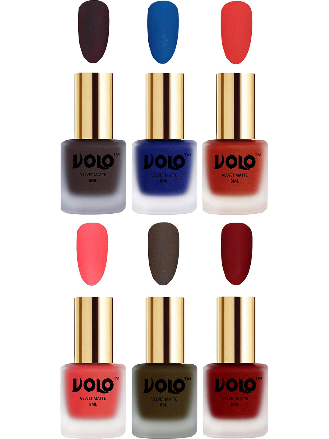 VOLO Set Of 6 Velvet Matte Nail Polish - 8 ml Each - Coral - Tomato Red - Neon Orange