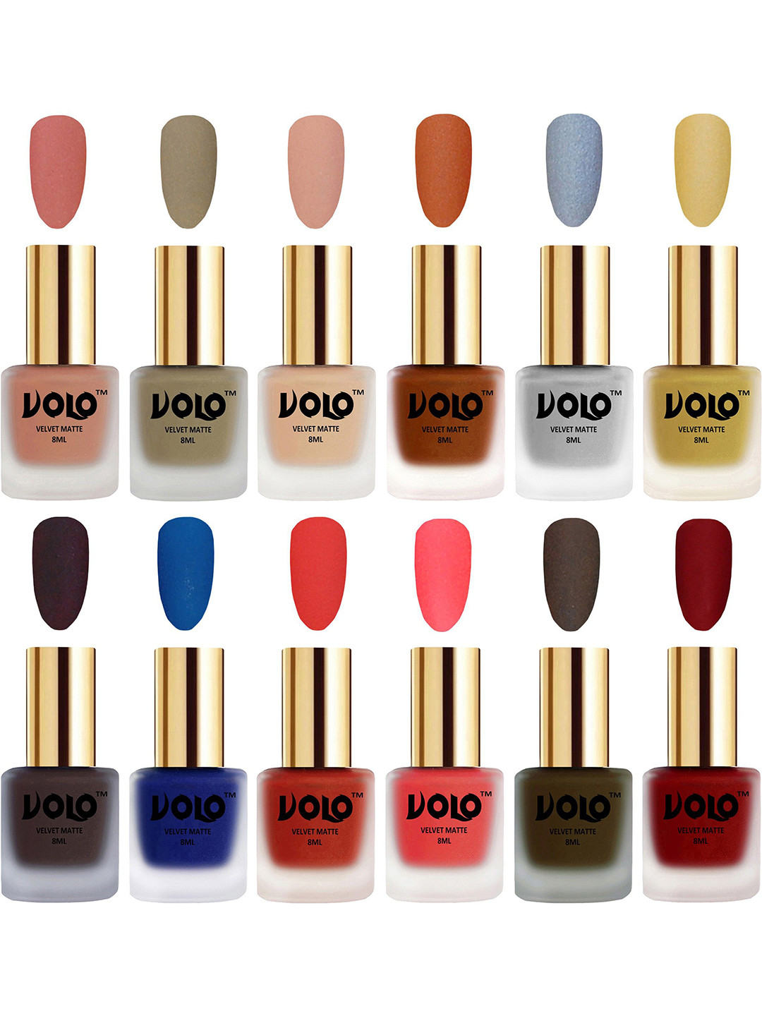 VOLO Set Of 12 Velvet Matte Nail Polish - 8 ml Each Shade- Coral - Tomato Red - Sand Nude