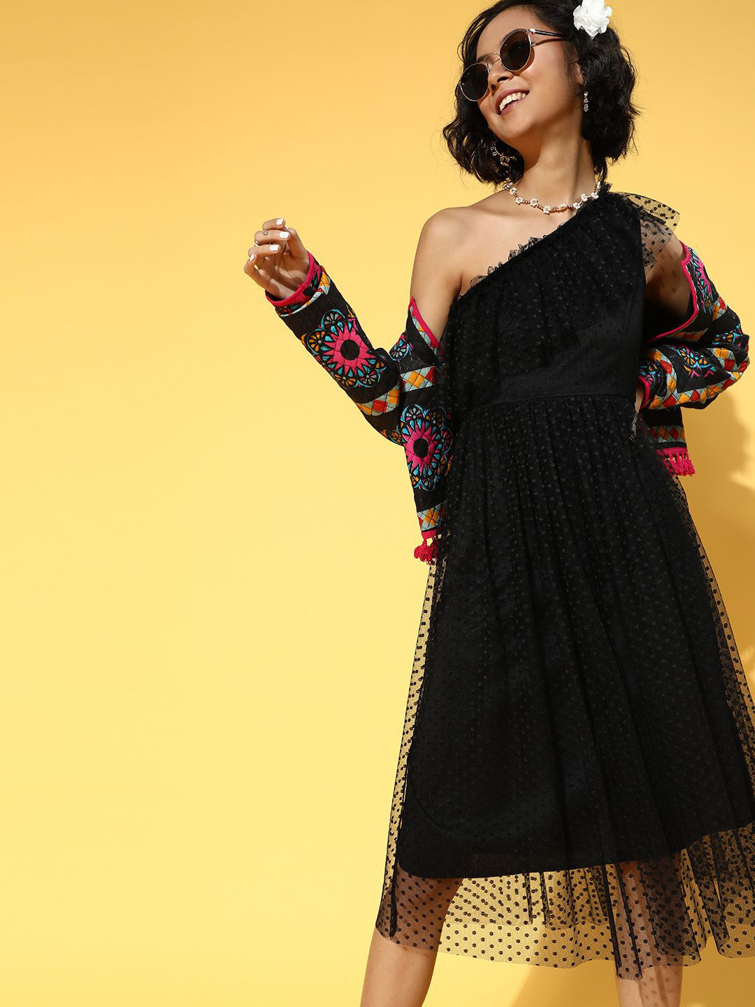 Athena One Shoulder Bell Sleeve Fit & Flare Midi Dress