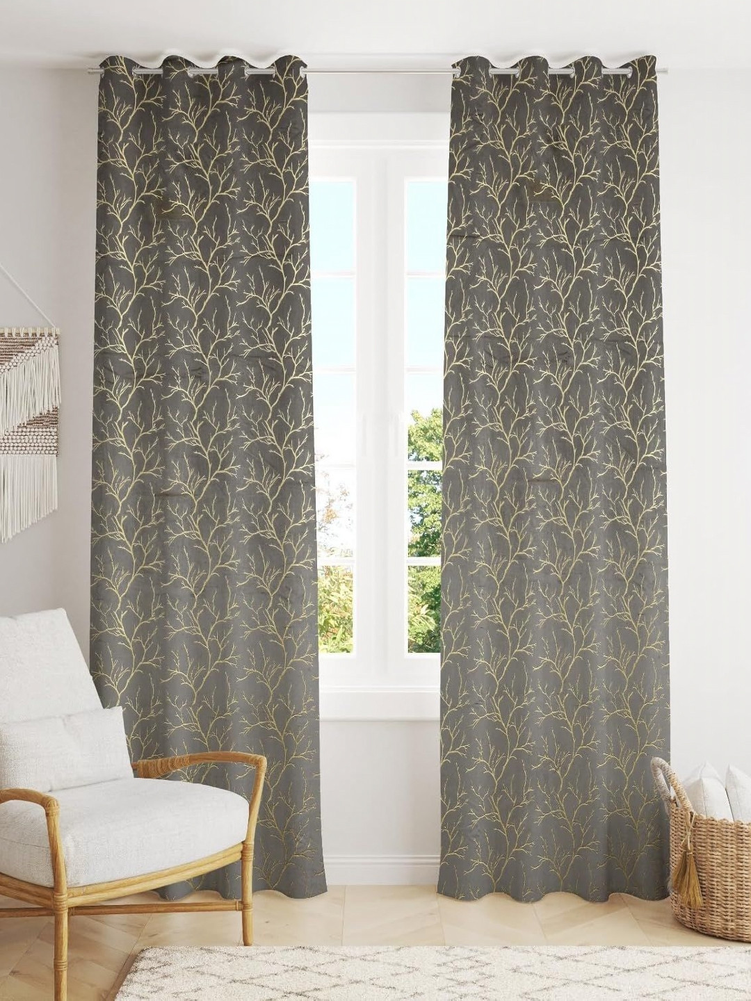 Banchmark Home Furnishings Grey & Beige 2 Pieces Floral Room Darkening Door Curtain