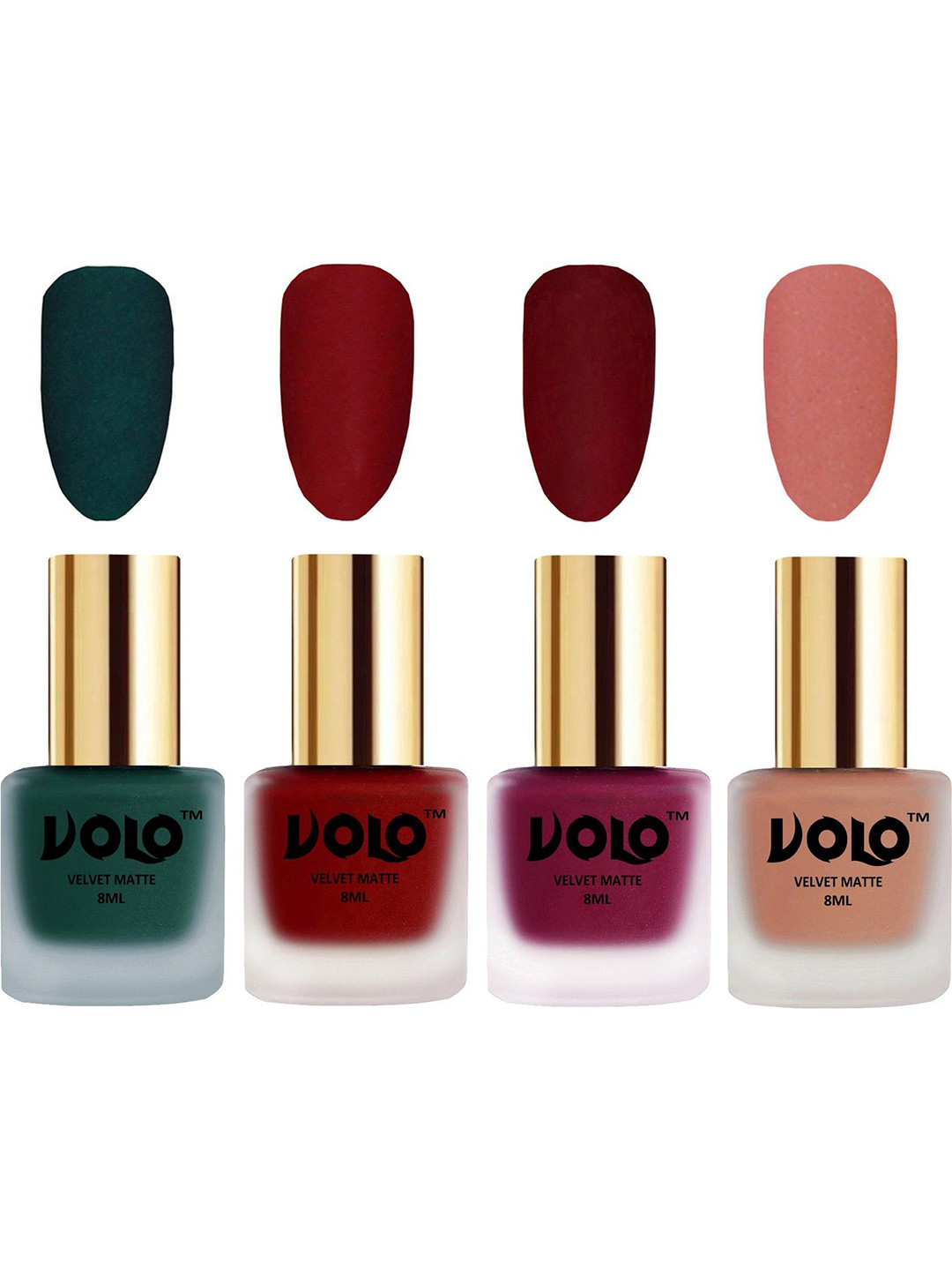 VOLO Set Of 4 Velvet Matte Nail Polish -8 ml -Tomato Red-Dark Green-Light Peach-Carrot Red
