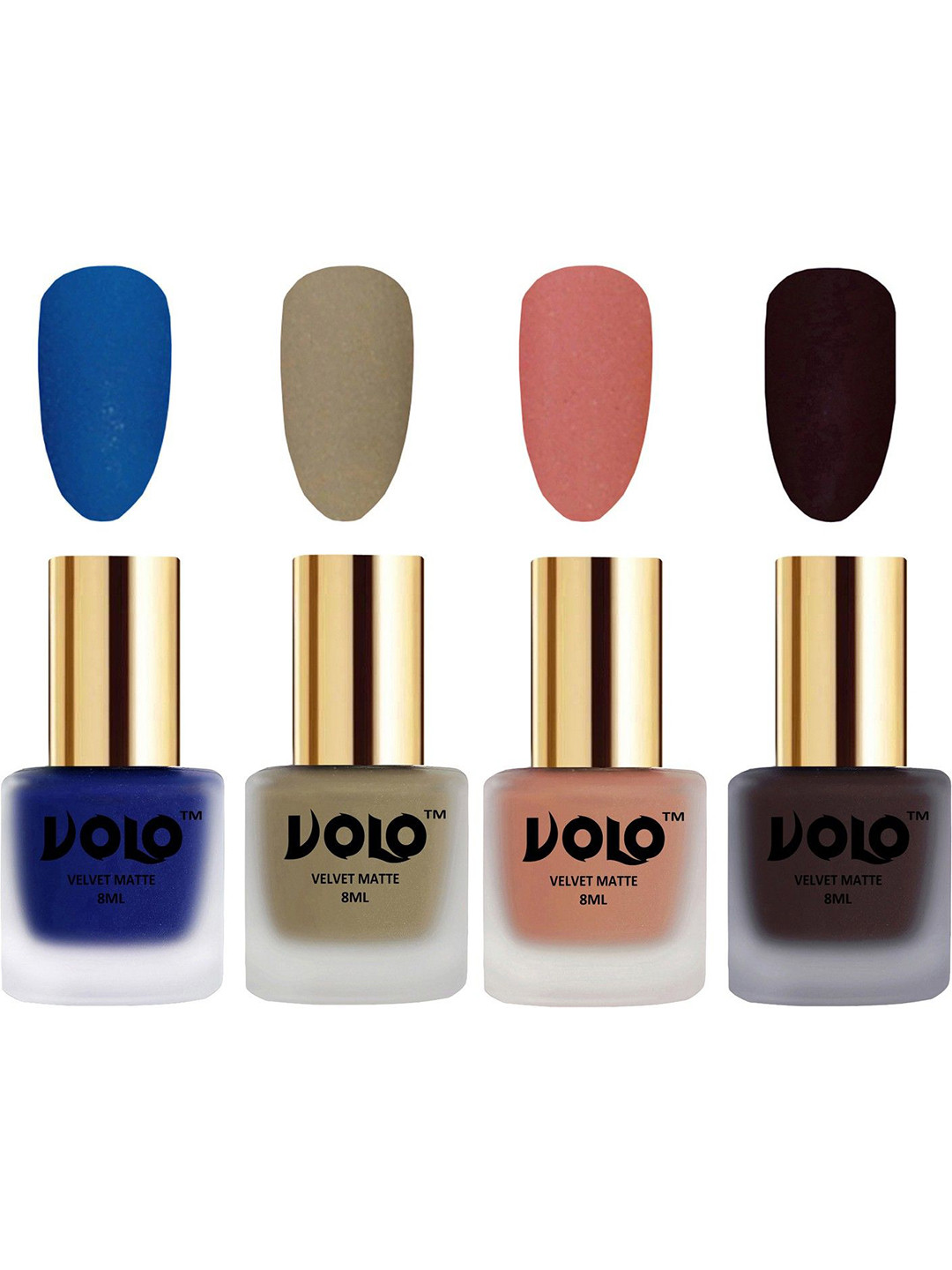 VOLO Set Of 4 Velvet Matte Nail Polish - 8 ml Each - Dark Wine-Sand Nude-Light Peach-Blue
