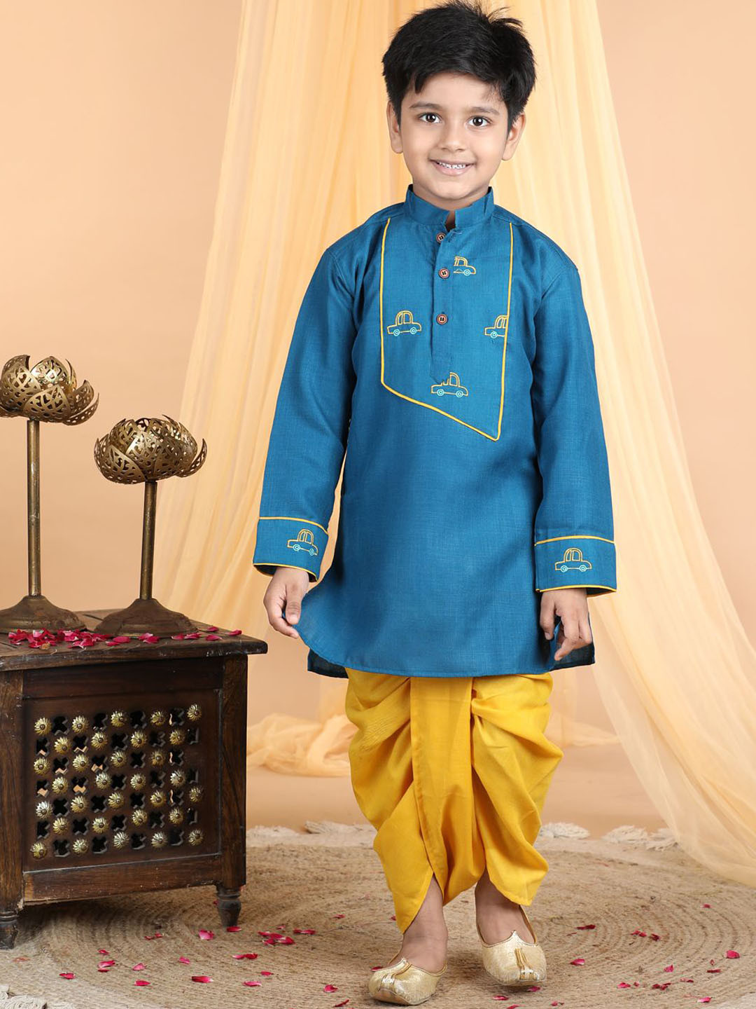 Here&Now X Kinder Kids Boys Embroidered Patchwork Pure Cotton Kurta with Dhoti Pant