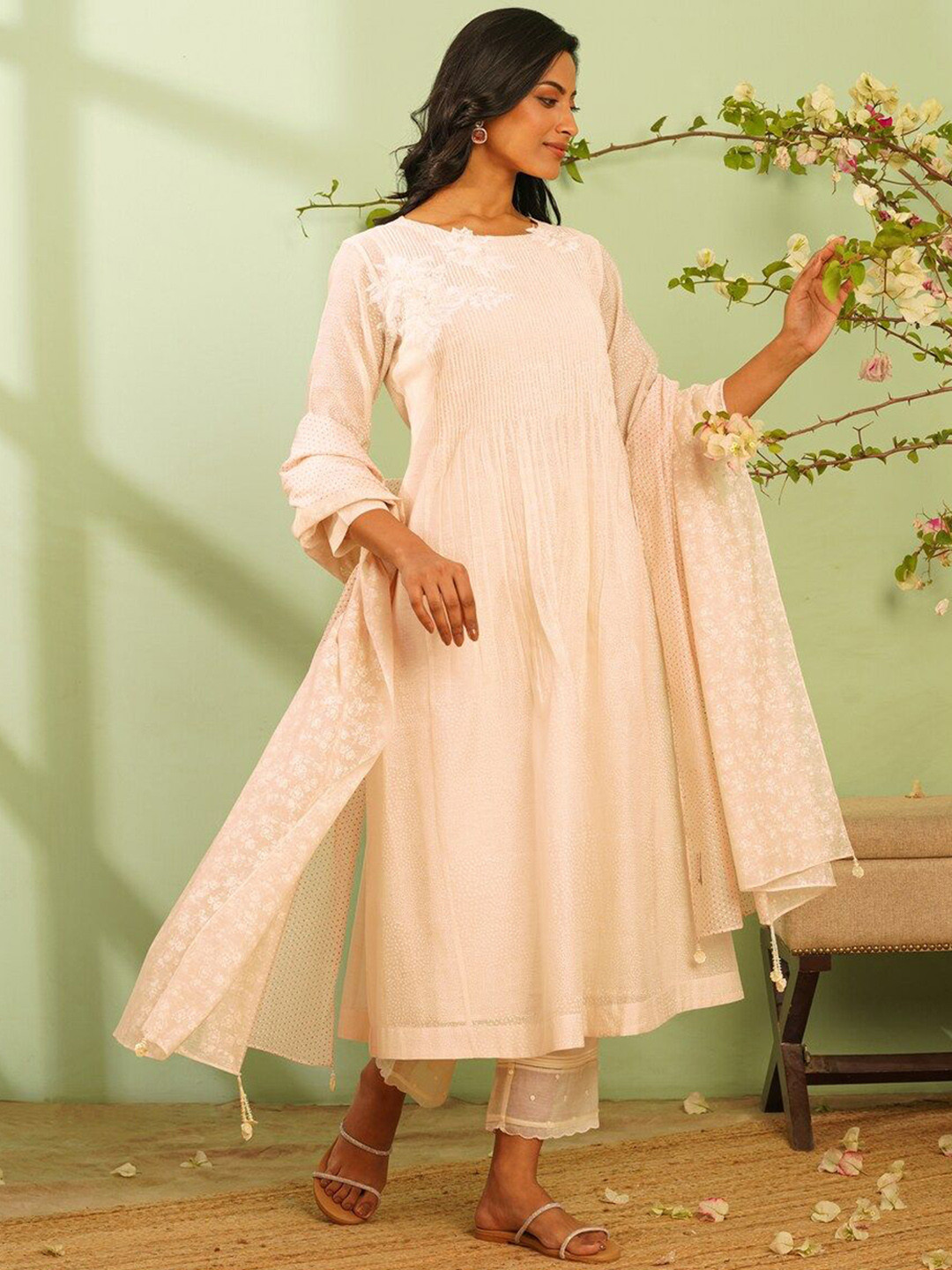 JAYPORE Floral Embroidered Round Neck Cotton Silk Kurta & Trousers With Dupatta & Camisole