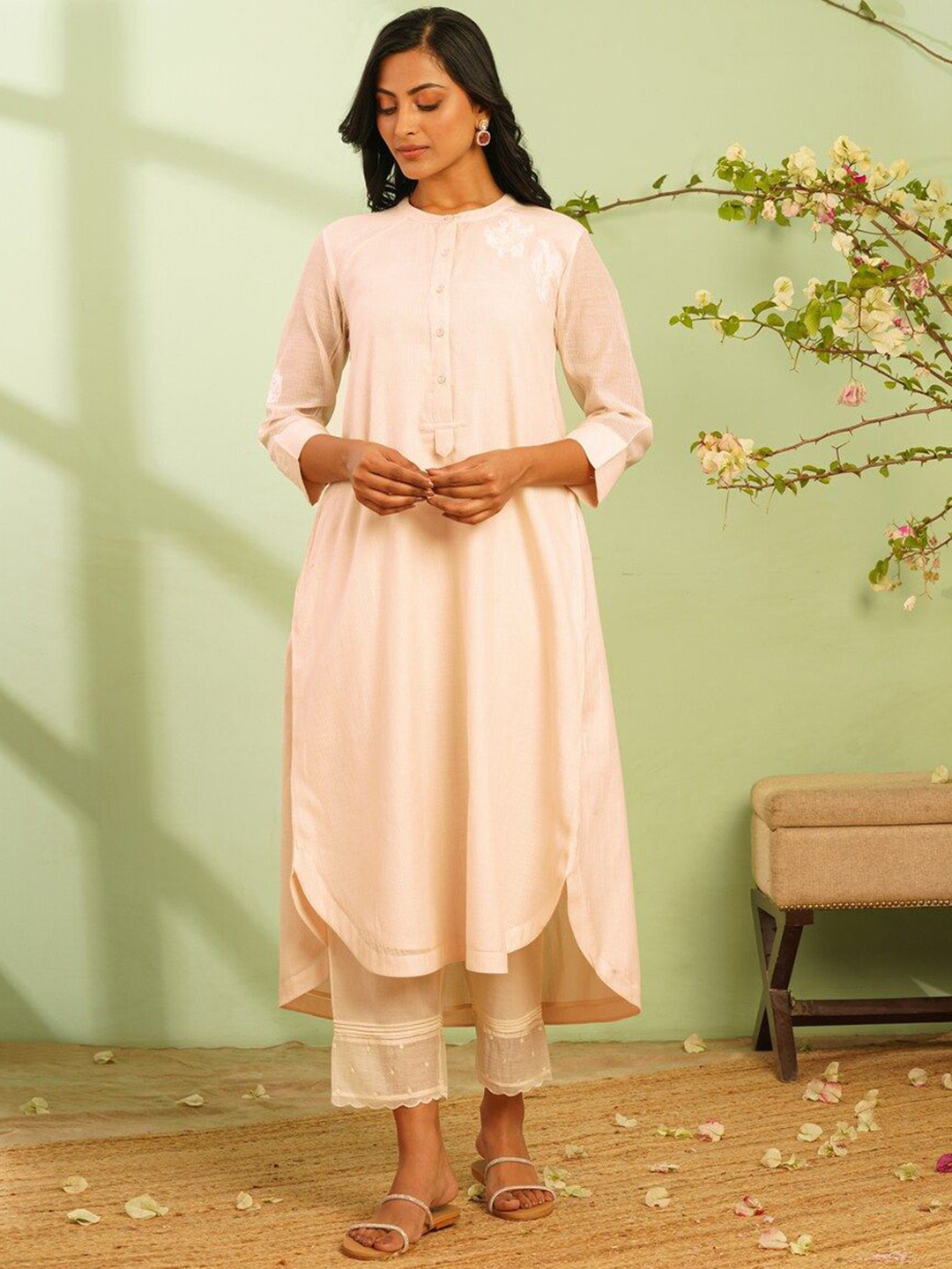 JAYPORE Thread Work Round Neck A Line Kurta with Trousers