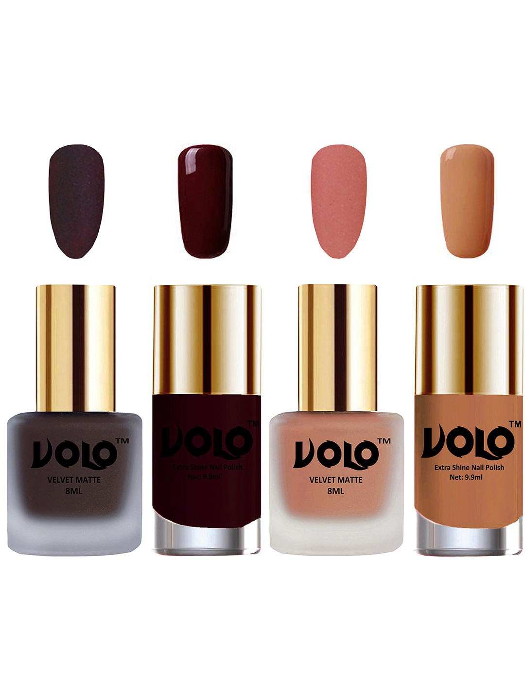 VOLO Set Of 4 Velvet Matte & Extra Shine Nail Polish - 8 ml Each & 9ml Each-29-38-44-64