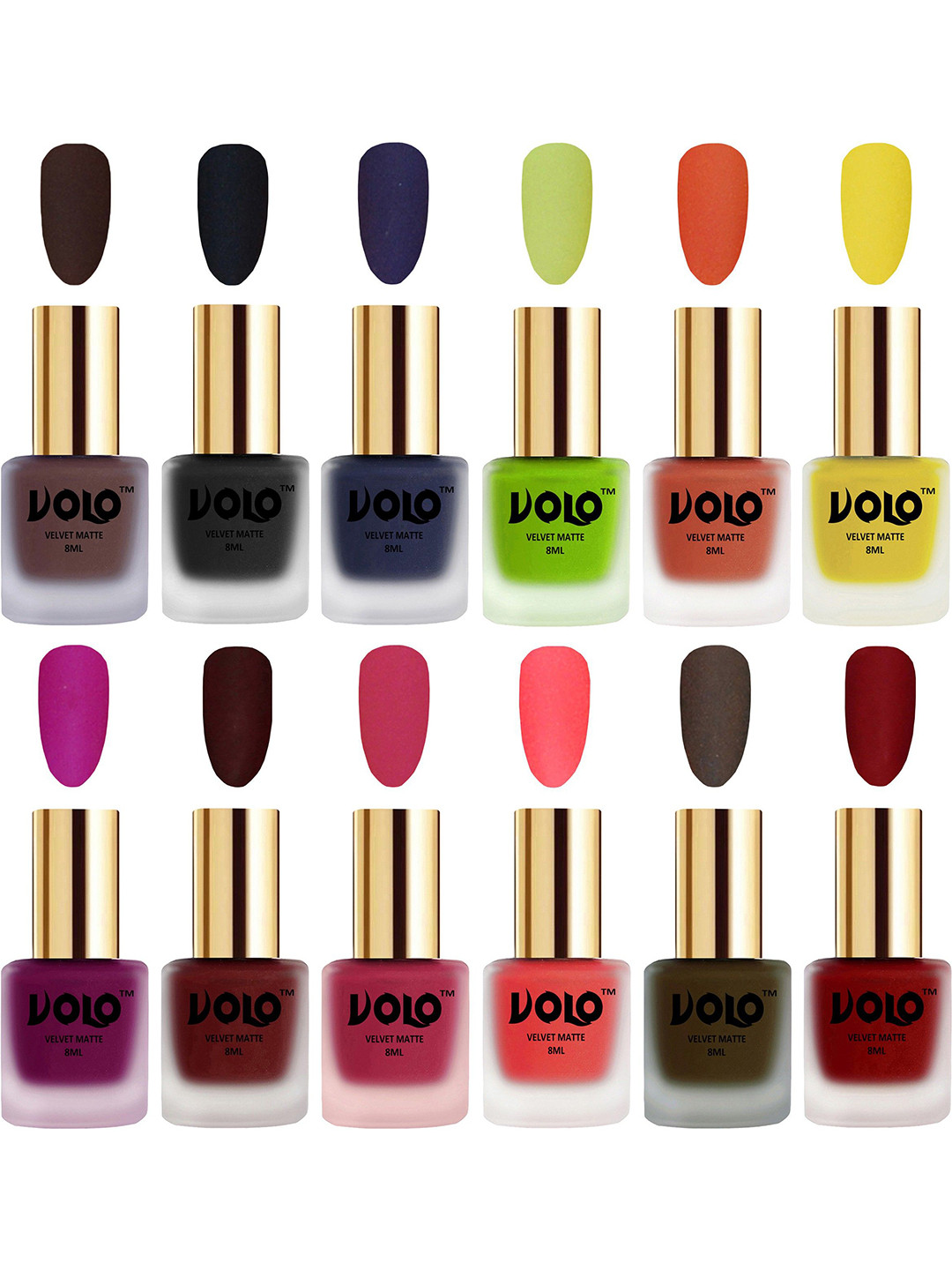VOLO Set Of 12 Velvet Matte Nail Polish - 8 ml Each -Magenta-Red-Neon-Navy Blue-Olive-Pink