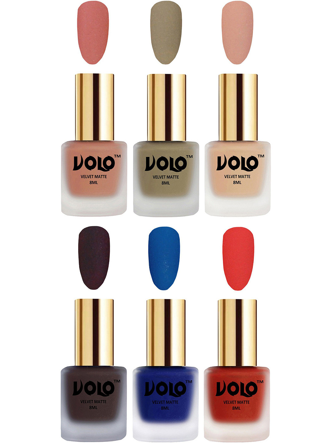 VOLO Set Of 6 Velvet Matte Nail Polish - 8 ml Each Shade - Coral - Sand Nude - Light Peach