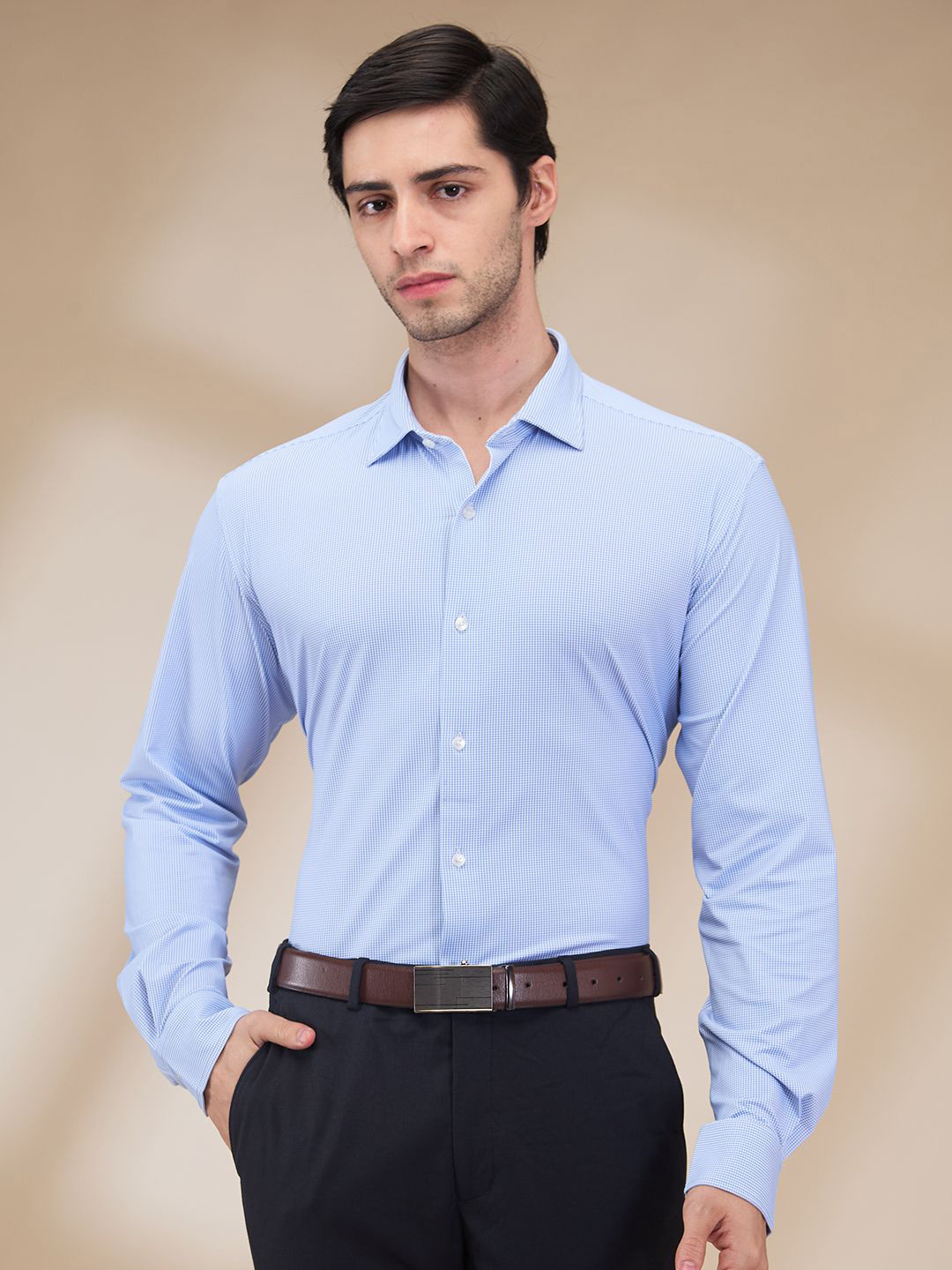 Park Avenue Men Cutaway Collar Micro Checked Nylon Slim Fit Formal Shirt
