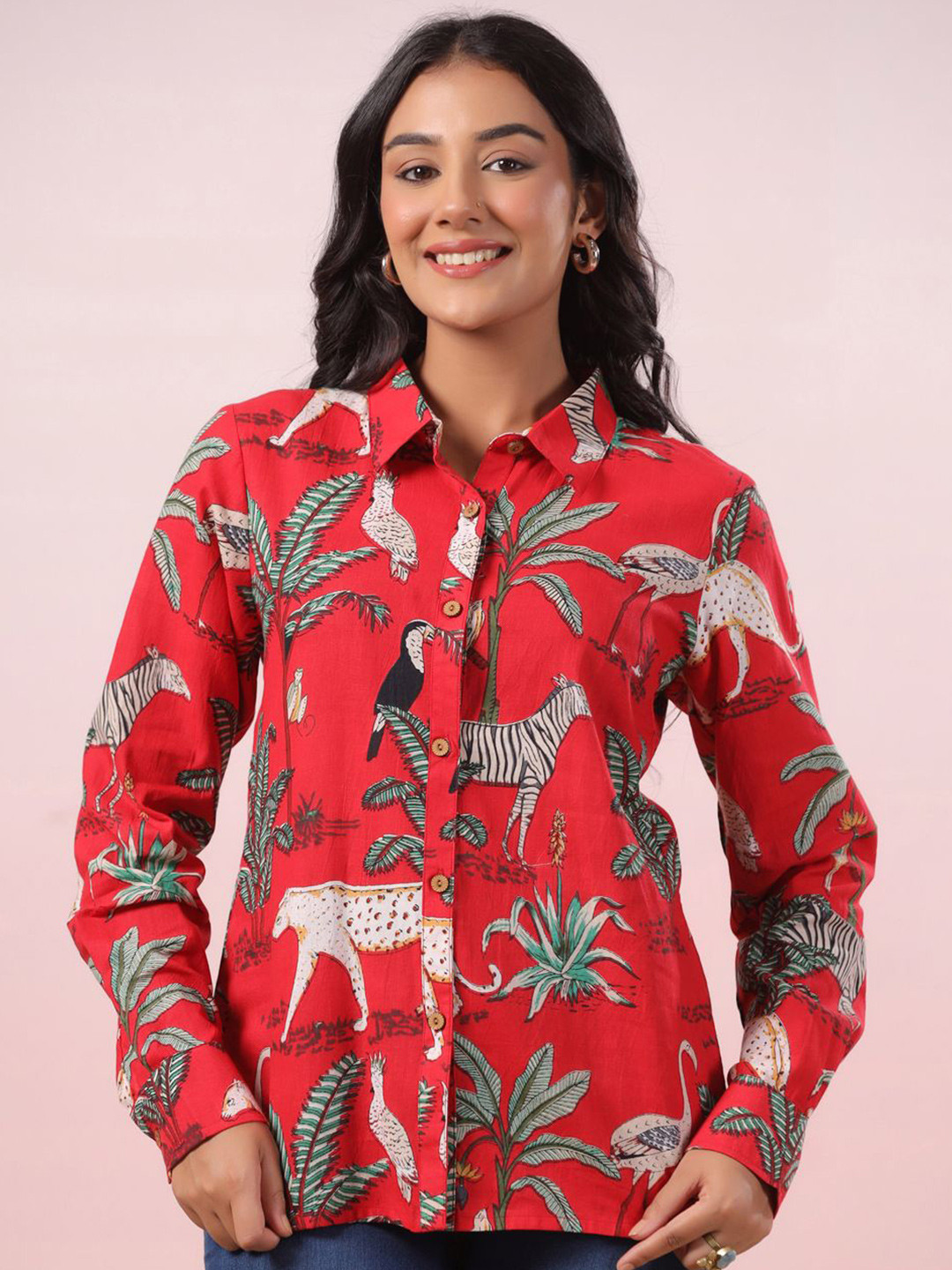 LYFJ Women New Spread Collar Abstract Printed Cotton Casual Shirt