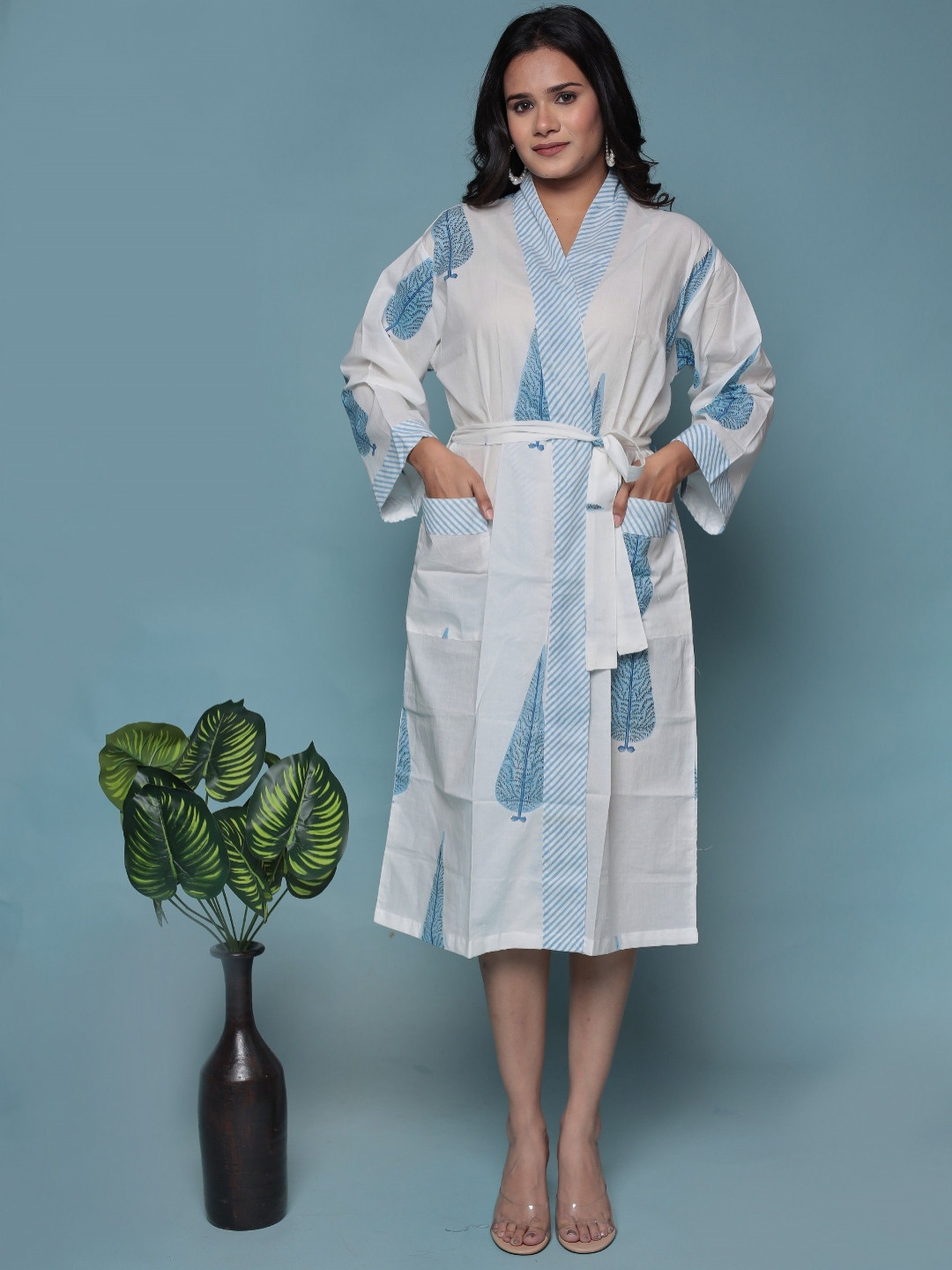 Bohekant Hand Block, Kimono White Leaf Cotton Drawstring Midi Bath Robe