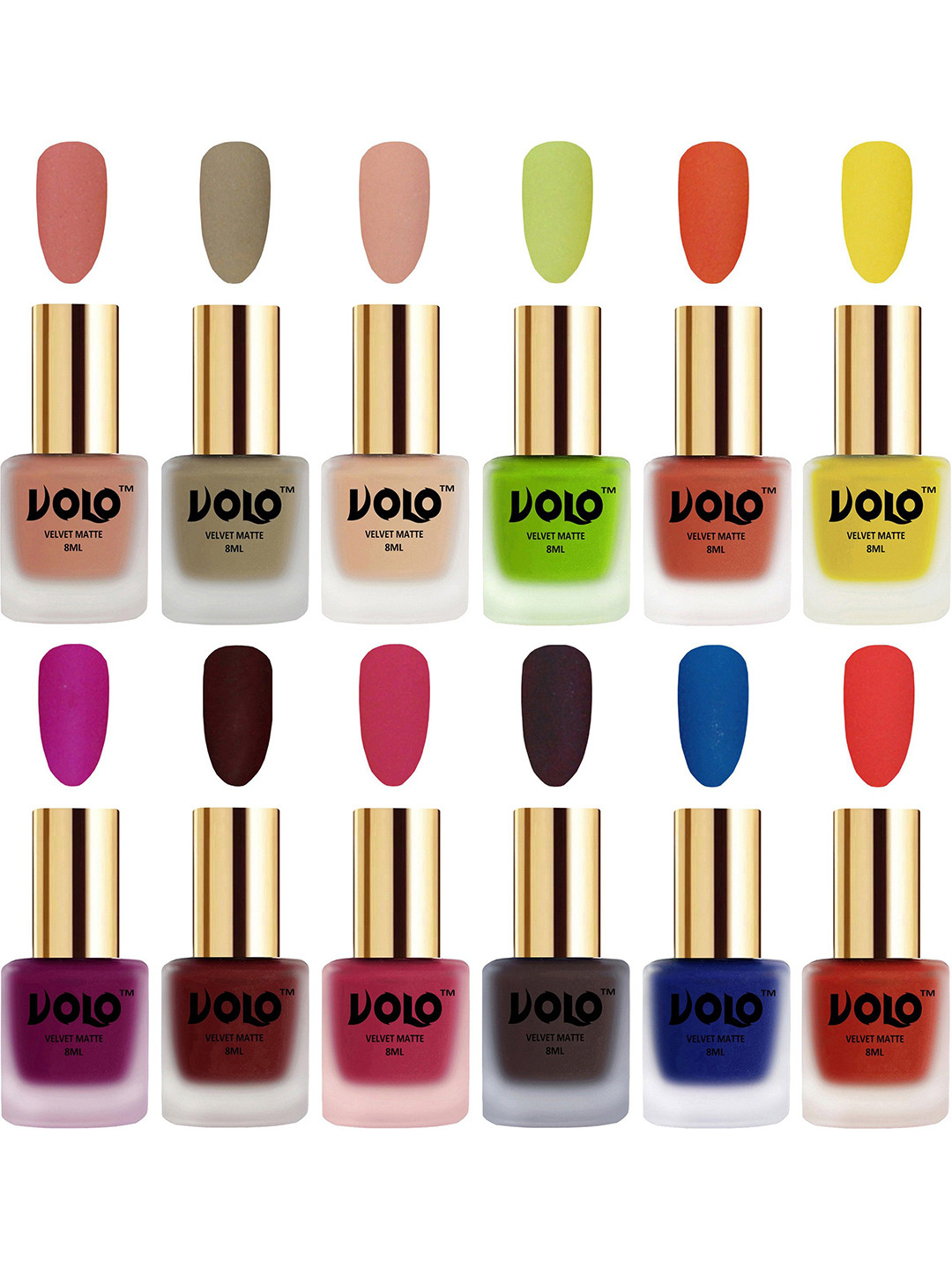 VOLO Set Of 12 Velvet Matte Nail Polish - 8 ml Each -Magenta-Coral-Nude-Peach-Maroon-Blue