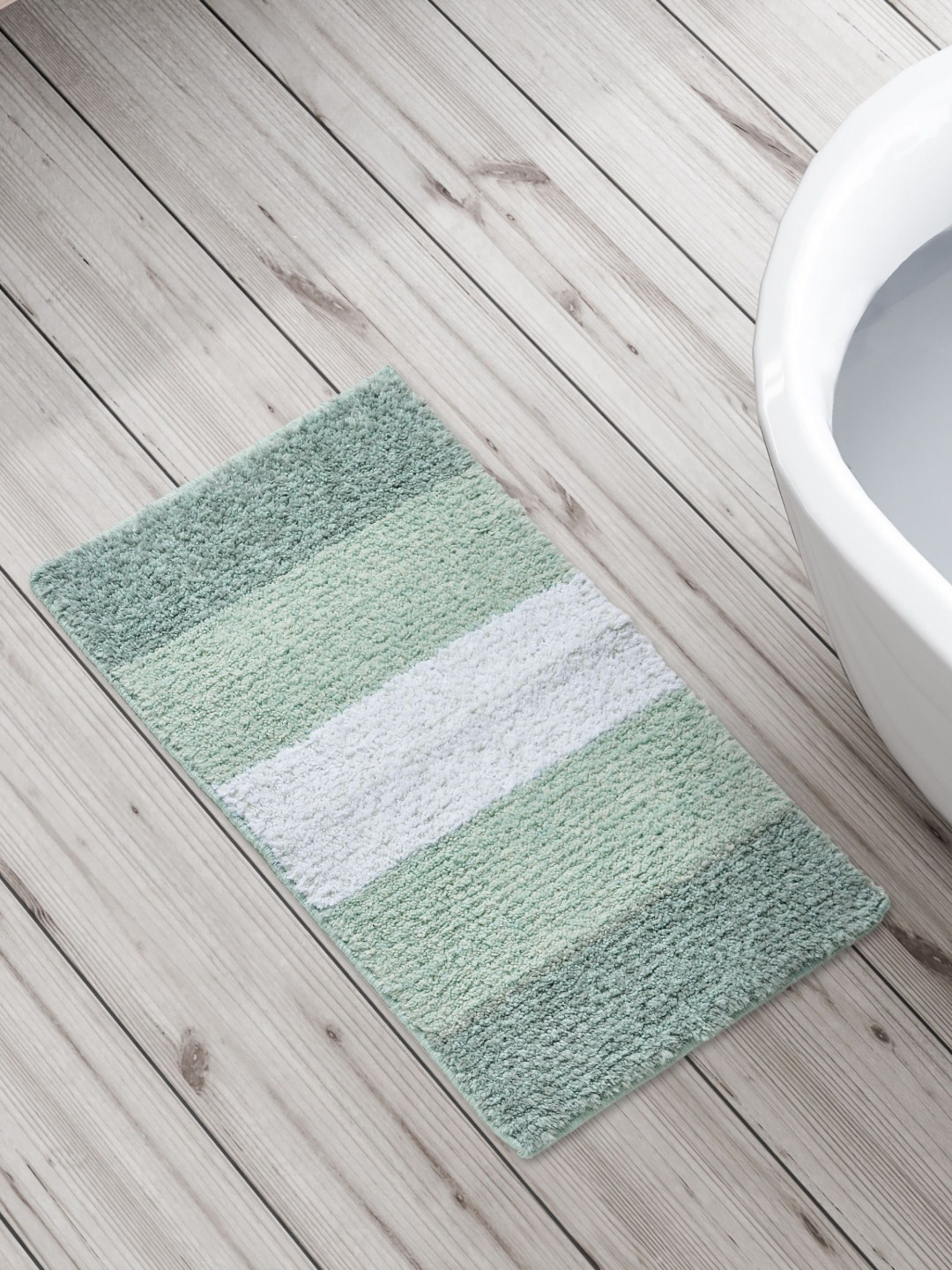 Home Centre Pristine Melange Green & White Striped Rectangular Bath Rugs