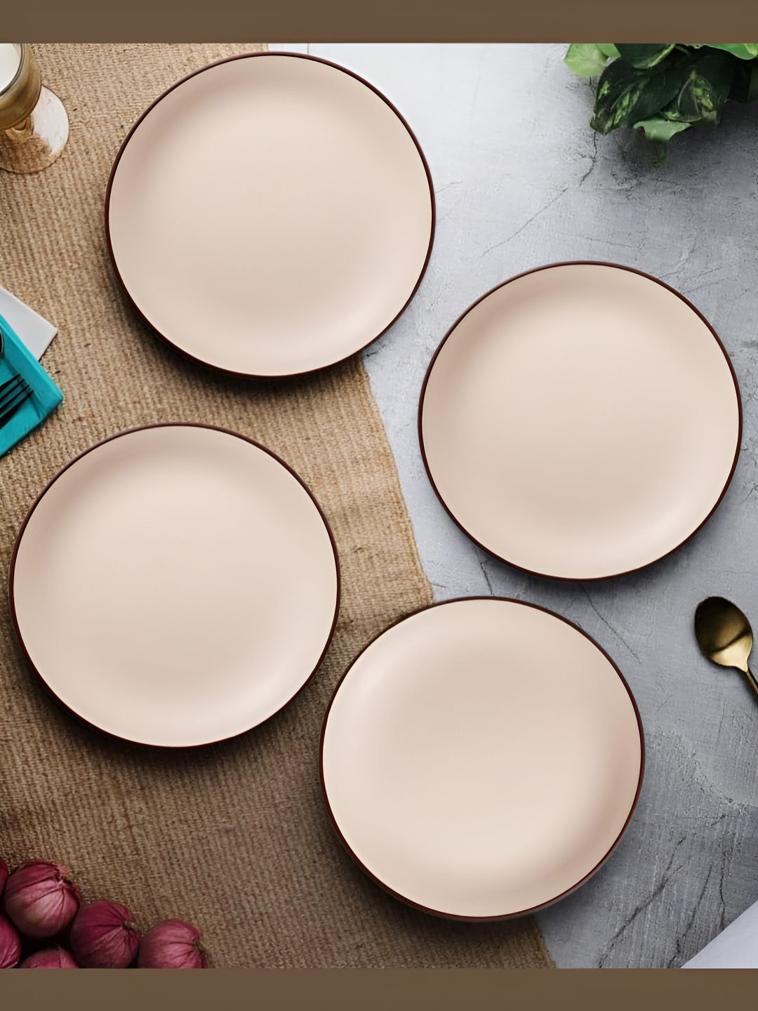 Freakway Cream Colored & Brown 4 Pieces Ceramic Dishwasher and Microwave Safe Plates