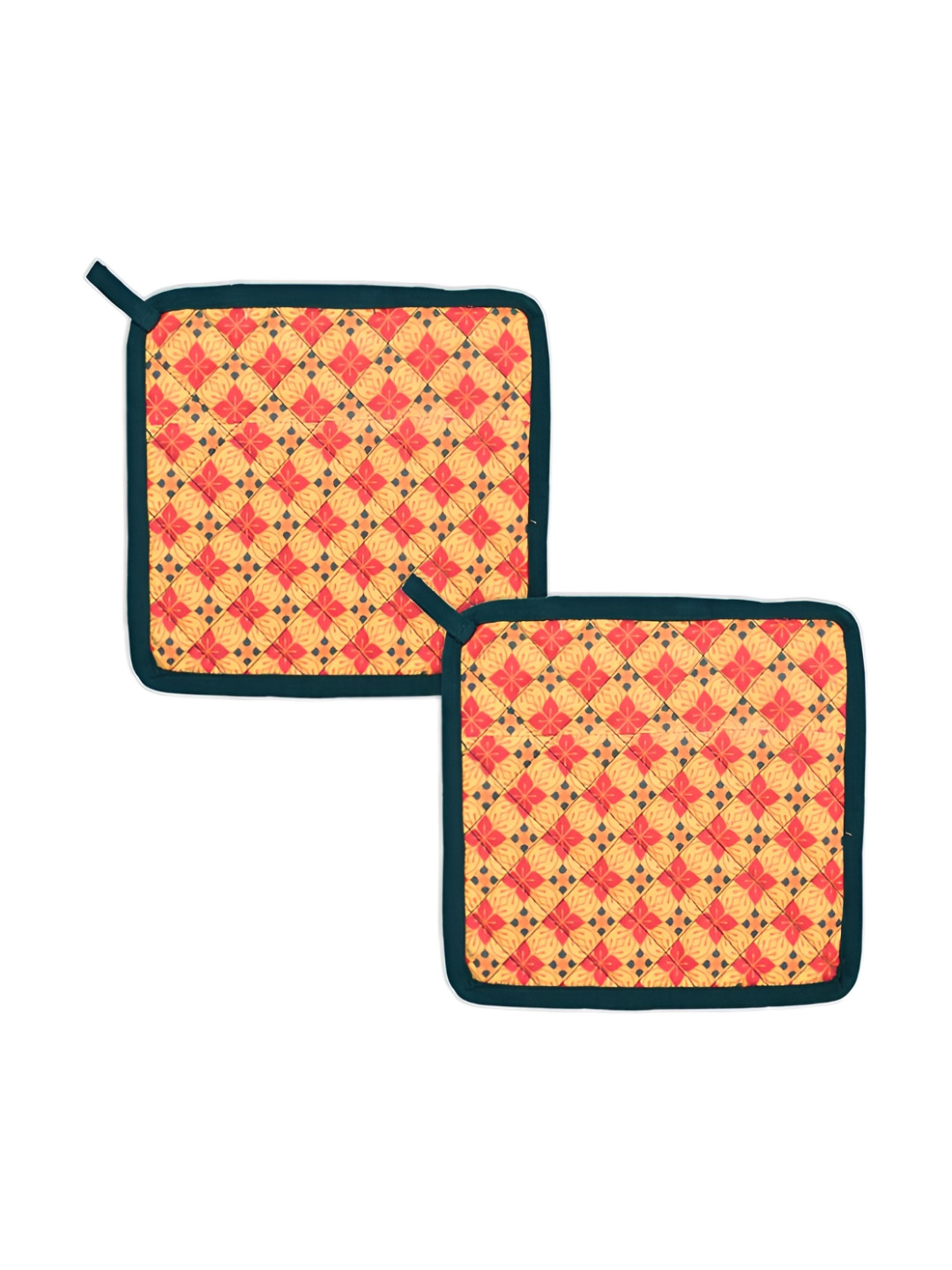 Indigifts Orange & Green 2 Pieces Printed Cotton Microwave Pot Holders