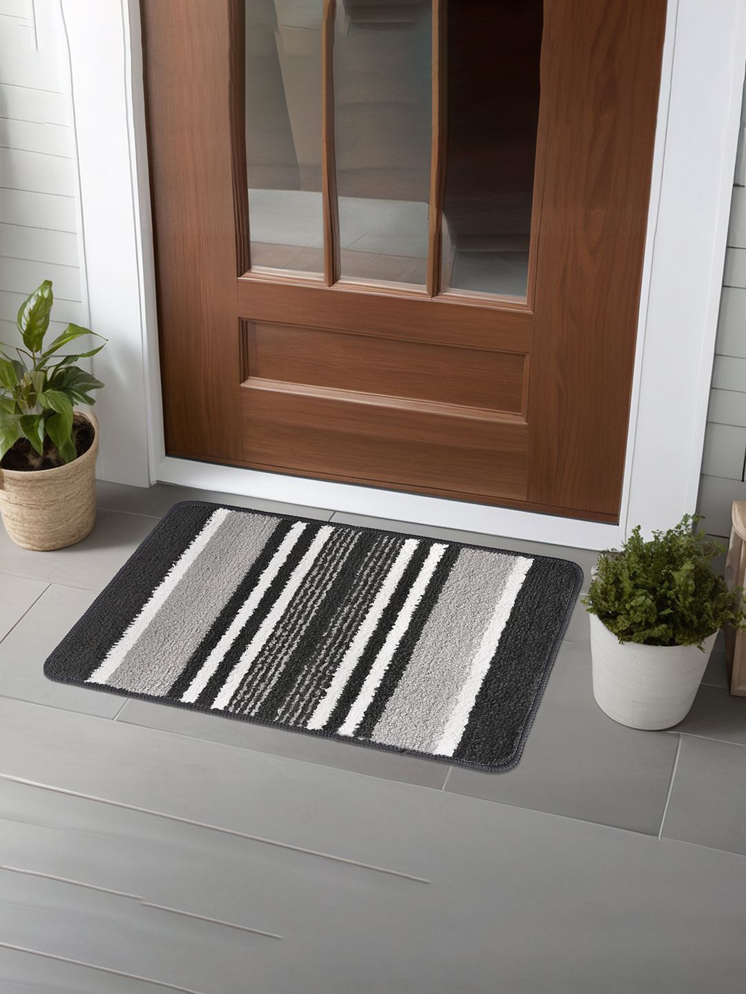 Kuber Industries Grey & Black 3 Pieces Striped Anti-Skid Microfiber Door Mats