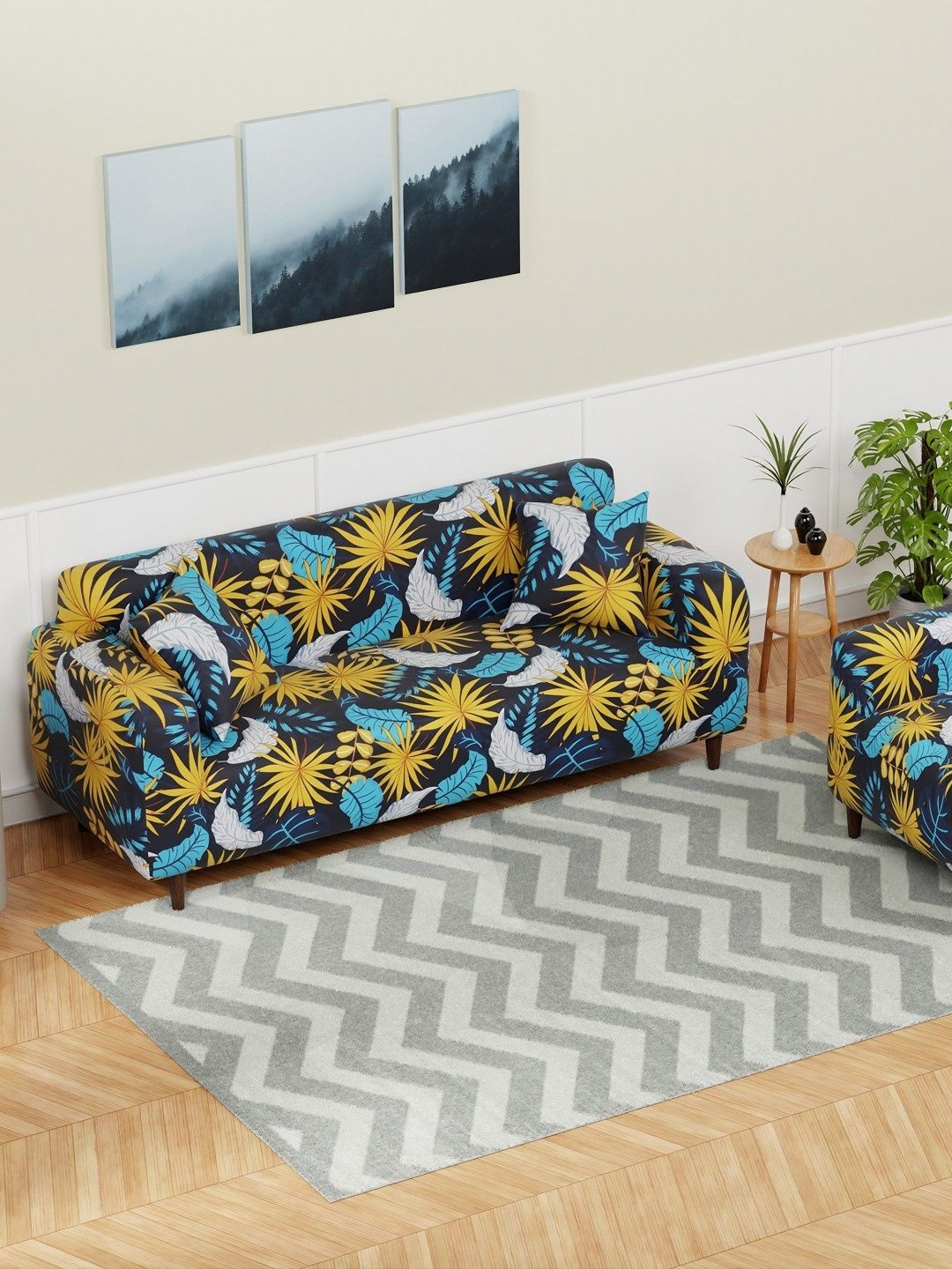 Aura Yellow & Blue Floral Printed 5 Seater Sofa Covers With Arms