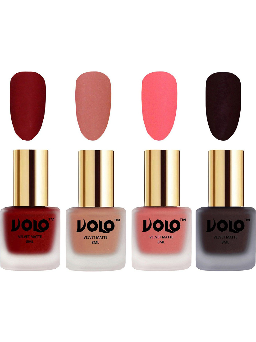 VOLO Set Of 4 Velvet Matte Nail Polish - 8 ml -Tomato Red-Dark Wine-Light Peach-Dark Peach