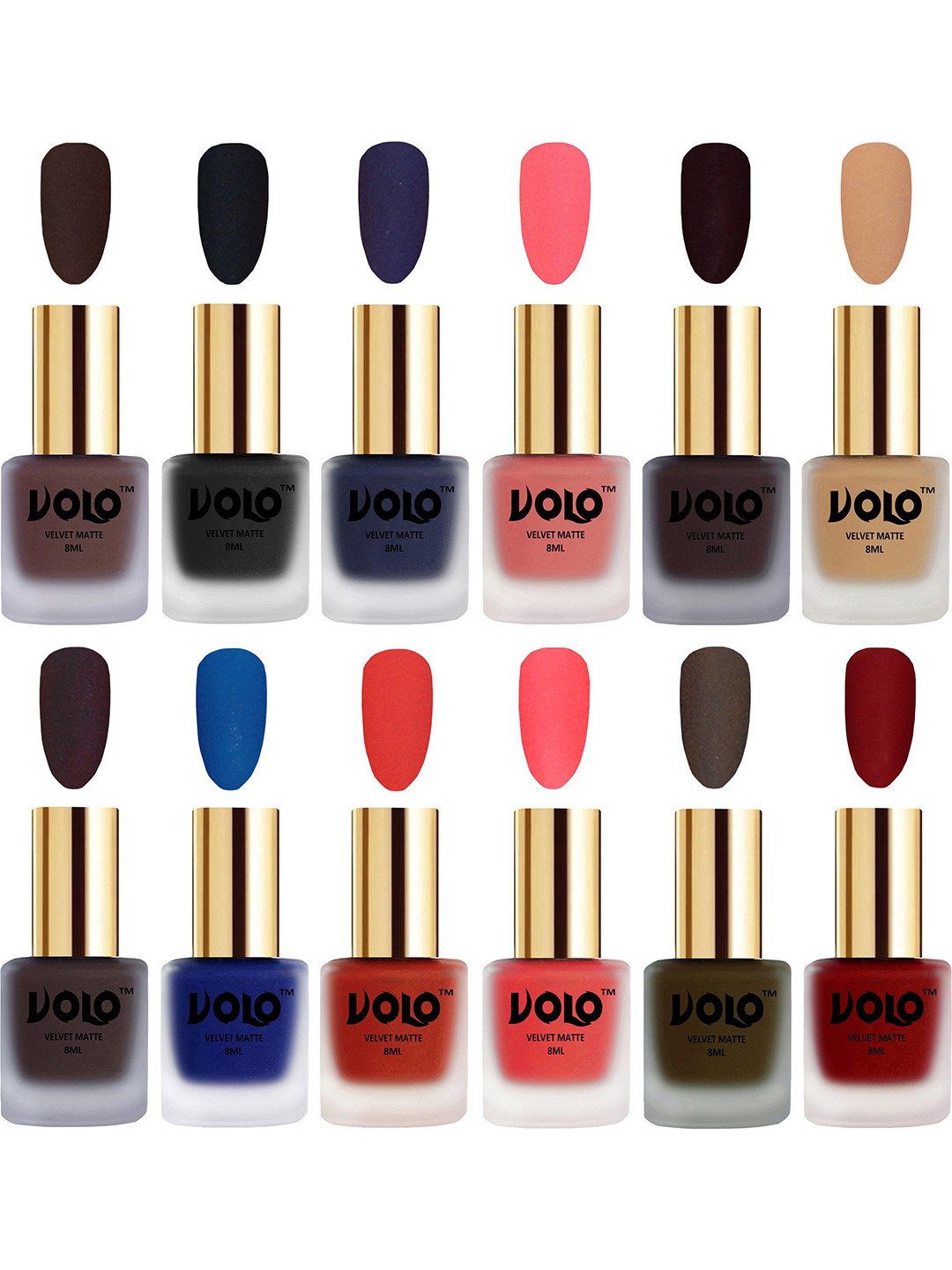 VOLO Set Of 12 Velvet Matte Nail Polish - 8 ml Each -Olive-Blue-Black-Brown-Peach-Nude