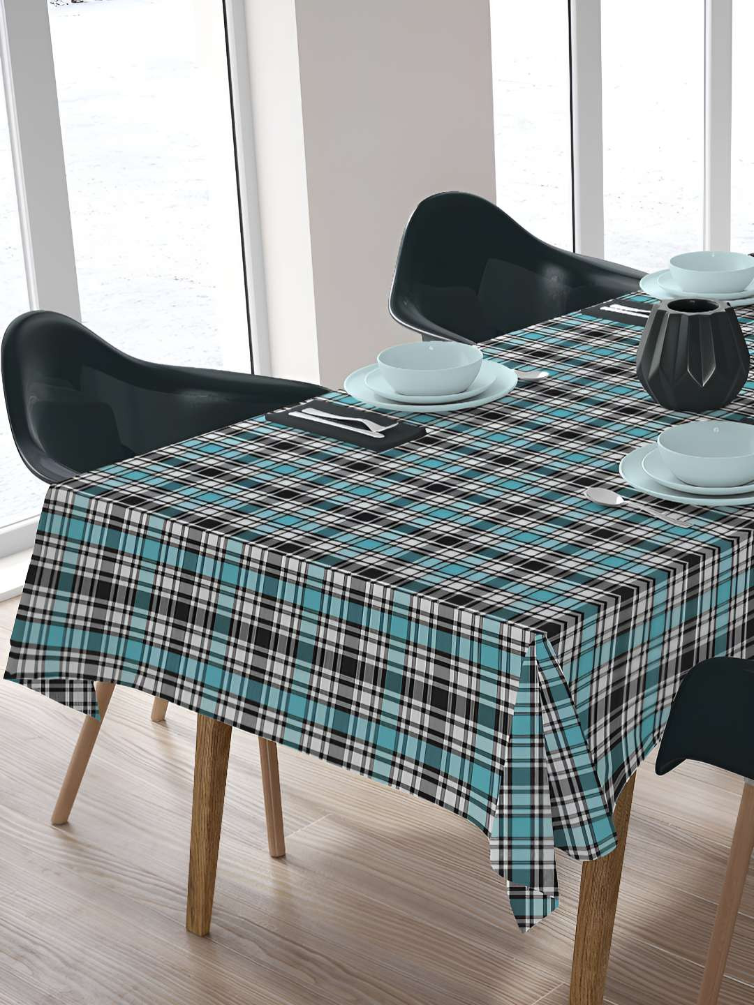 HOME COLORS.IN Blue & Black Checkered Cotton 4 Seater Table Cover