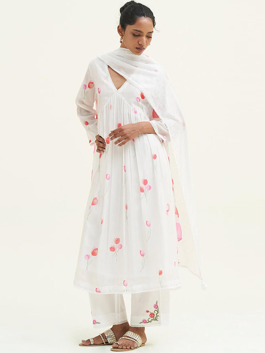Ganga Floral Printed V-Neck Raw Silk Straight Kurta with Palazzo & Dupatta