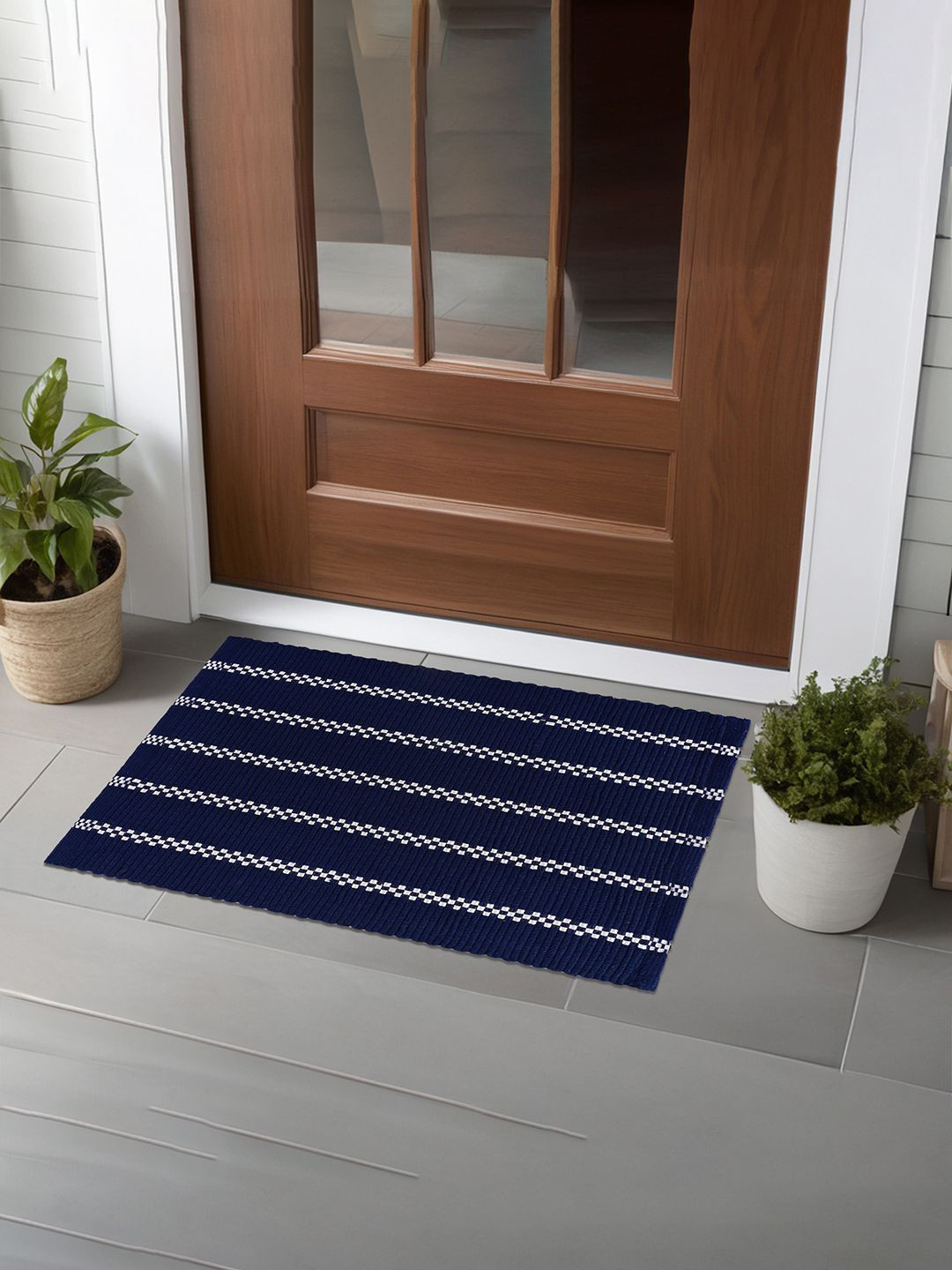 Kuber Industries Dark Blue & White 4 Pieces Striped Anti-Skid Door Mats