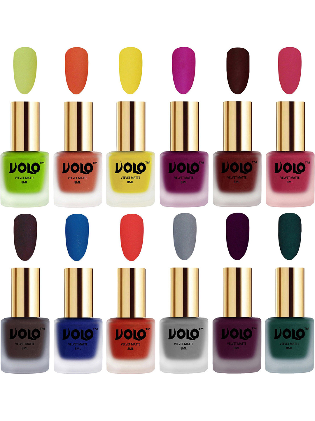 VOLO Set Of 12 Velvet Matte Nail Polish - 8 ml Each - Magenta - Coral - Light Wine - Dark