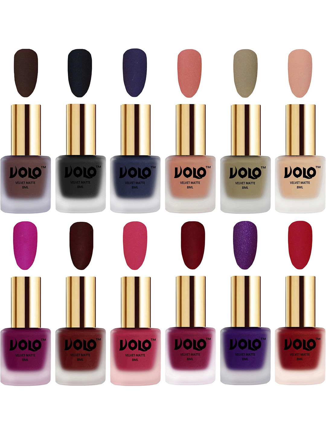 VOLO Set Of 12 Velvet Matte Nail Polish - 8 ml Each Shade - Magenta - Sand Nude
