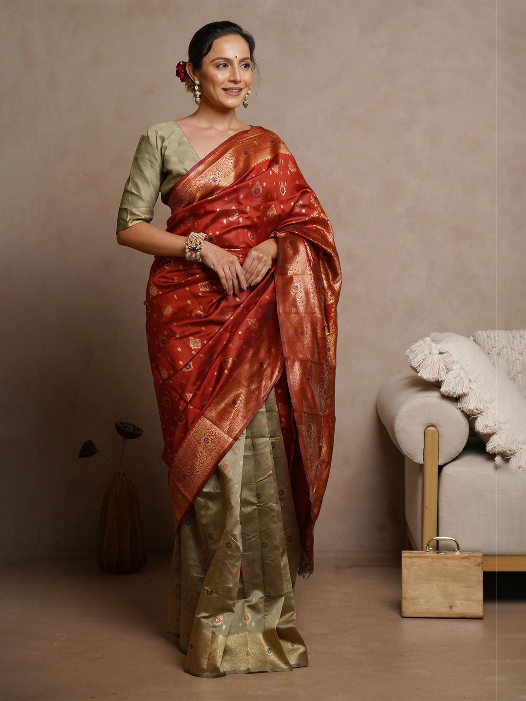 Subham Woven Design Zari Silk Blend Half and Half Banarasi Saree  and Blouse Piece