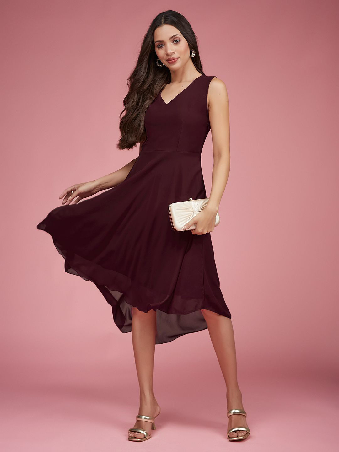 DressBerry Georgette V-Neck Sleeveless Solid High-Low Skater Fit and Flare Dress