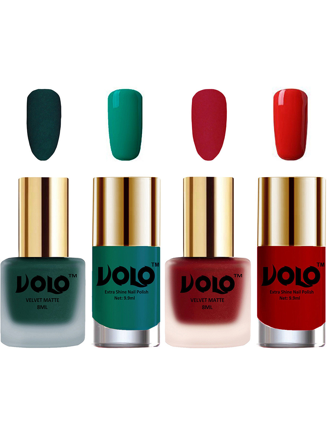 VOLO Set Of 4 Velvet Matte & Extra Shine Nail Polish-8 ml & 9.9 ml Shade 12-36-26-38