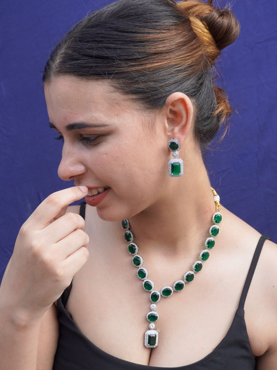 Niscka Rhodium Plating American Diamond Stone Studded Jewellery Set