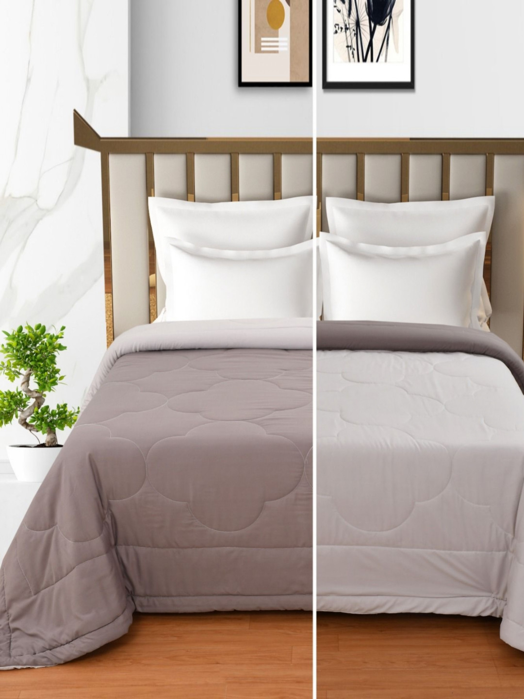 MallowWorld Cream & Grey Geometric Microfiber Mild Winter 150 GSM Double Bed Comforter