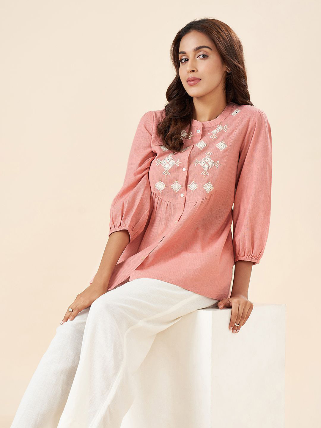 AKKRITI BY PANTALOONS Women Mandarin Collar Striped Tunic