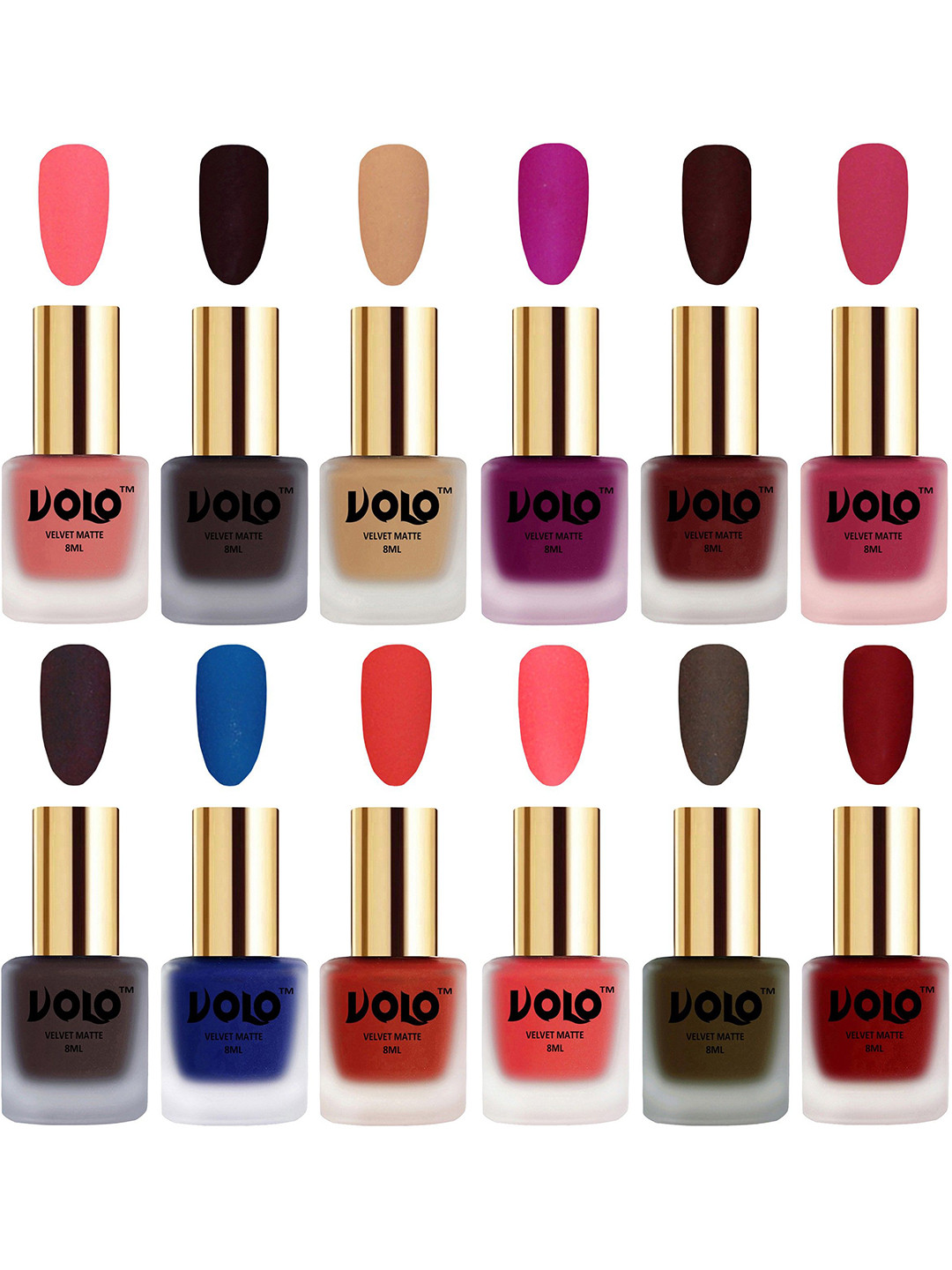VOLO Set Of 12 Velvet Matte Nail Polish - 8 ml Each -Wine-Magenta-Coral-Red-Neon-Olive