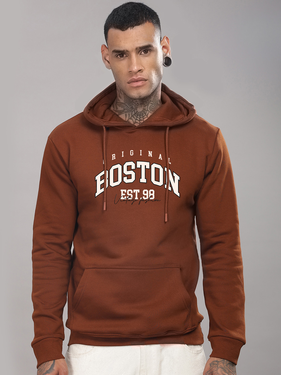 ADRO Men Typography Printed Hood Cotton Pullover Ribbed Sweatshirt
