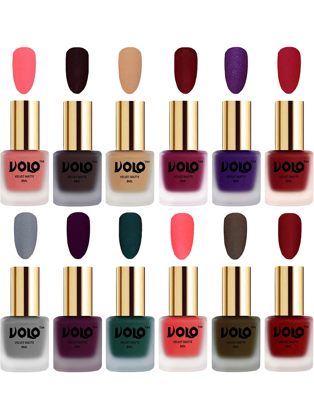 VOLO Set Of 12 Velvet Matte Nail Polish - 8 ml Each -Wine-Red-Purple-Olive-Brown-Grey-Nude