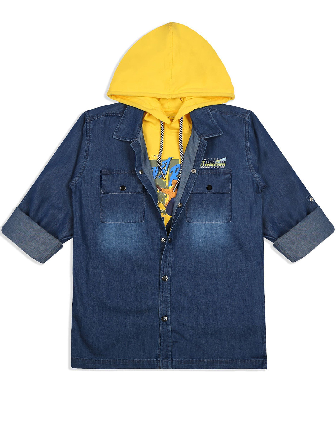 Cavio Boys Spread Collar Solid Denim Casual Shirts & T-Shirt