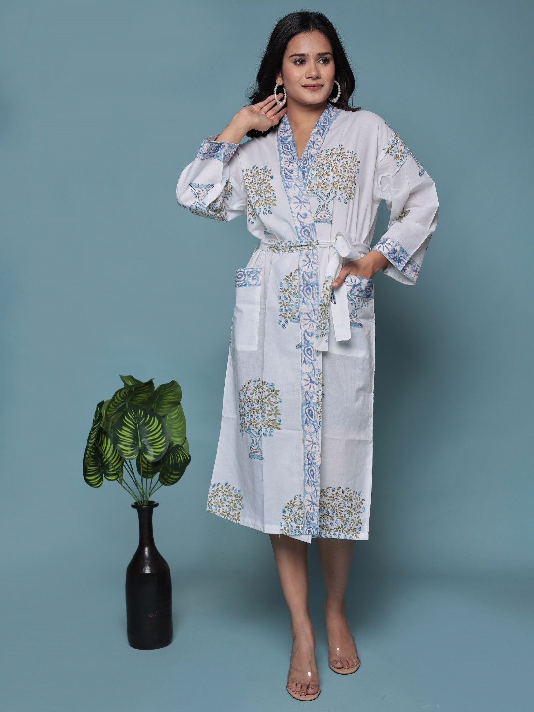 Bohekant Hand Block, Kimono White Floral Cotton Drawstring Midi Bath Robe