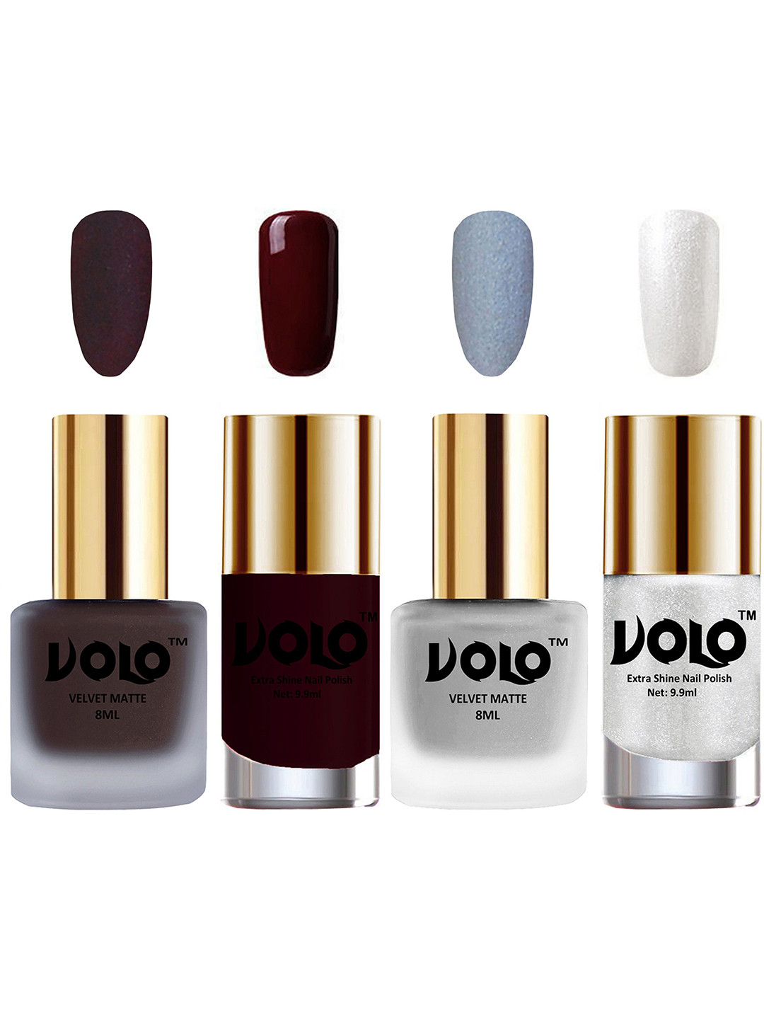 VOLO Set Of 4 Velvet Matte & Extra Shine Nail Polish-8 ml & 9.9 ml Each Shade 29-33-44-46