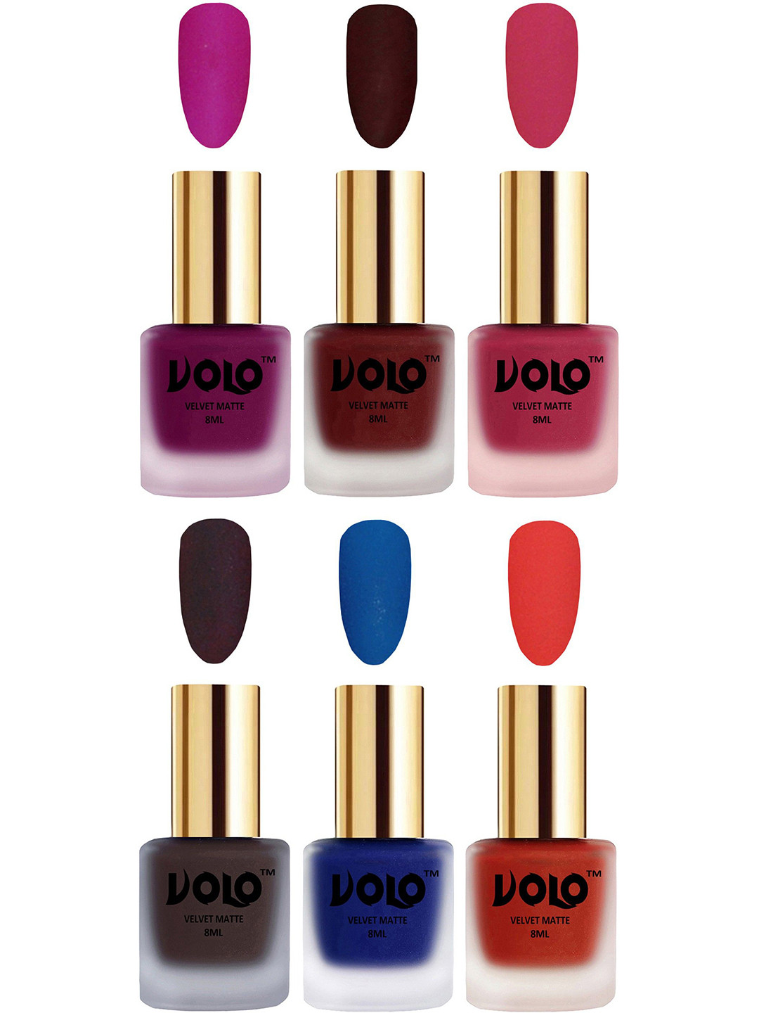 VOLO Set Of 6 Velvet Matte Nail Polish - 8 ml Each - Magenta-Coral-Dark Coffee-Maroon