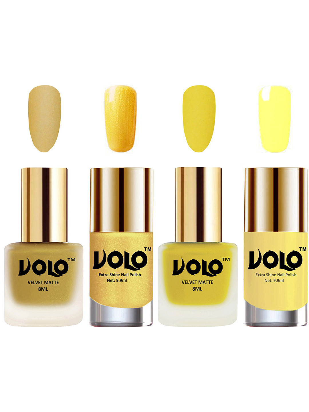 VOLO Set Of 4 Velvet Matte Nail Polish - 8 ml & 9.9 ml Each - Golden-Gold Chrome-Yellow
