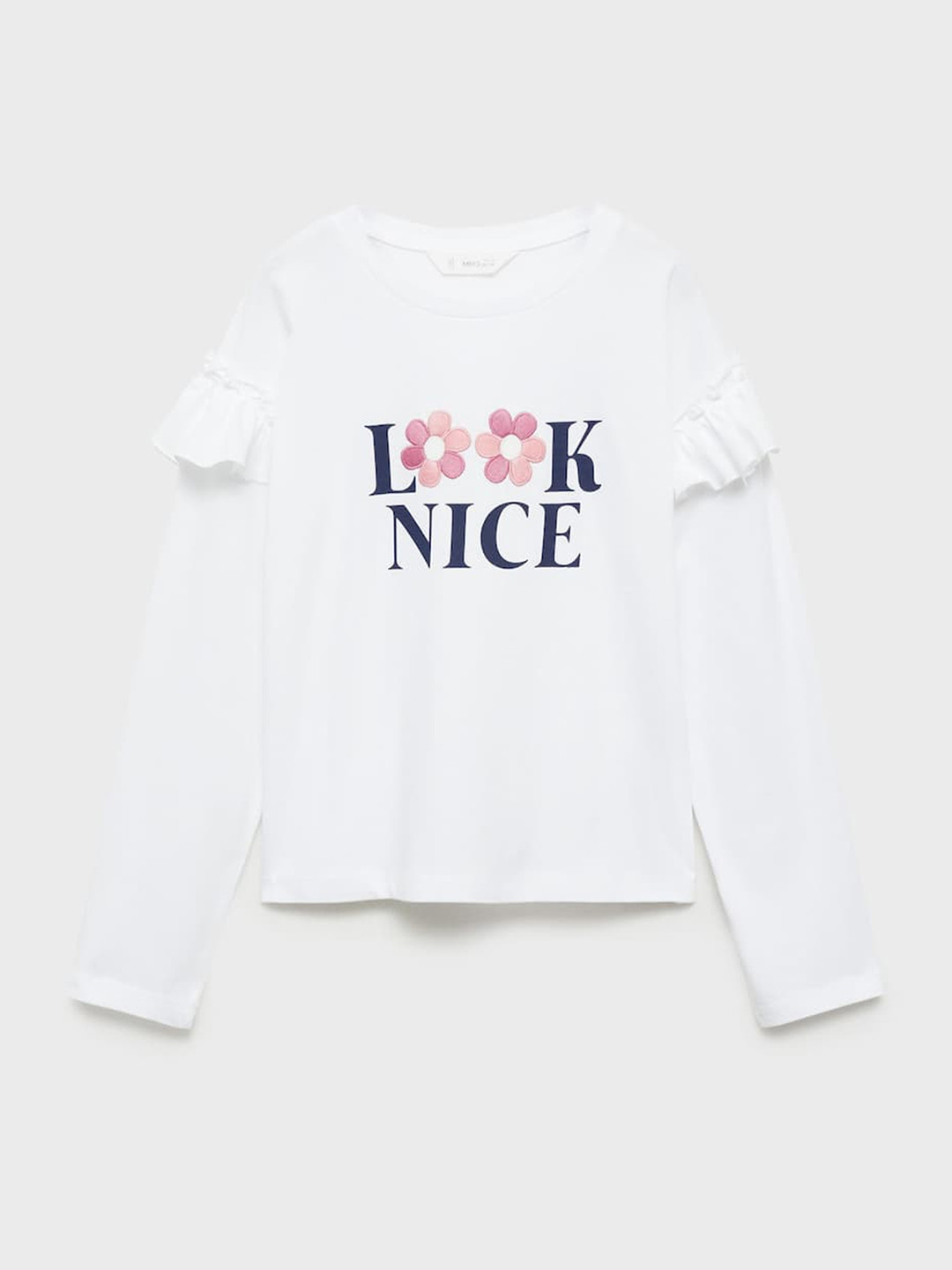 Mango Kids Girls Typography Printed Pure Cotton Applique T-shirt with Ruffle Detail